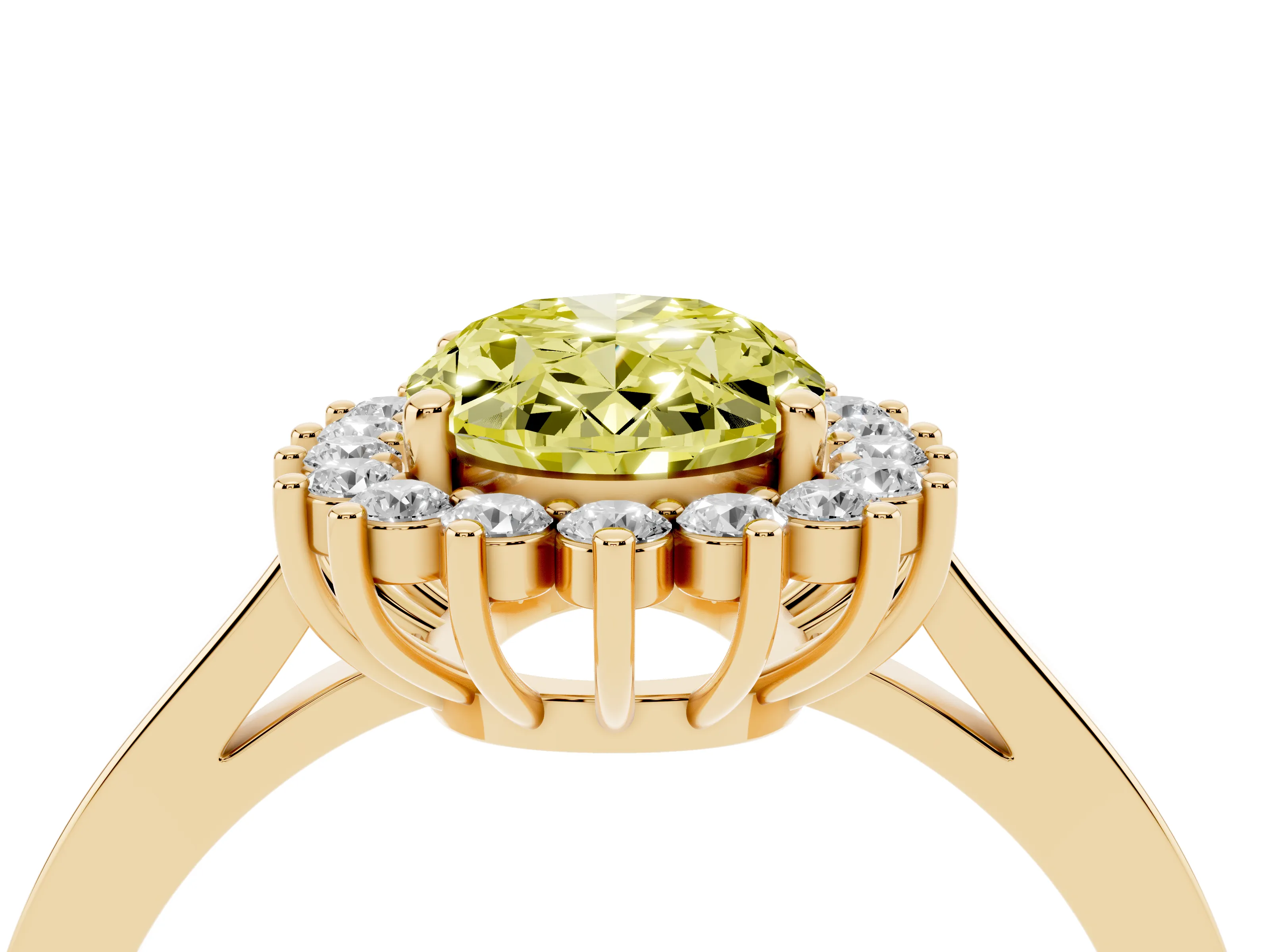Fancy Yellow Oval Cut Diamond Halo Ring Set in Yellow gold with Round Halo and Smooth Solitaire Band