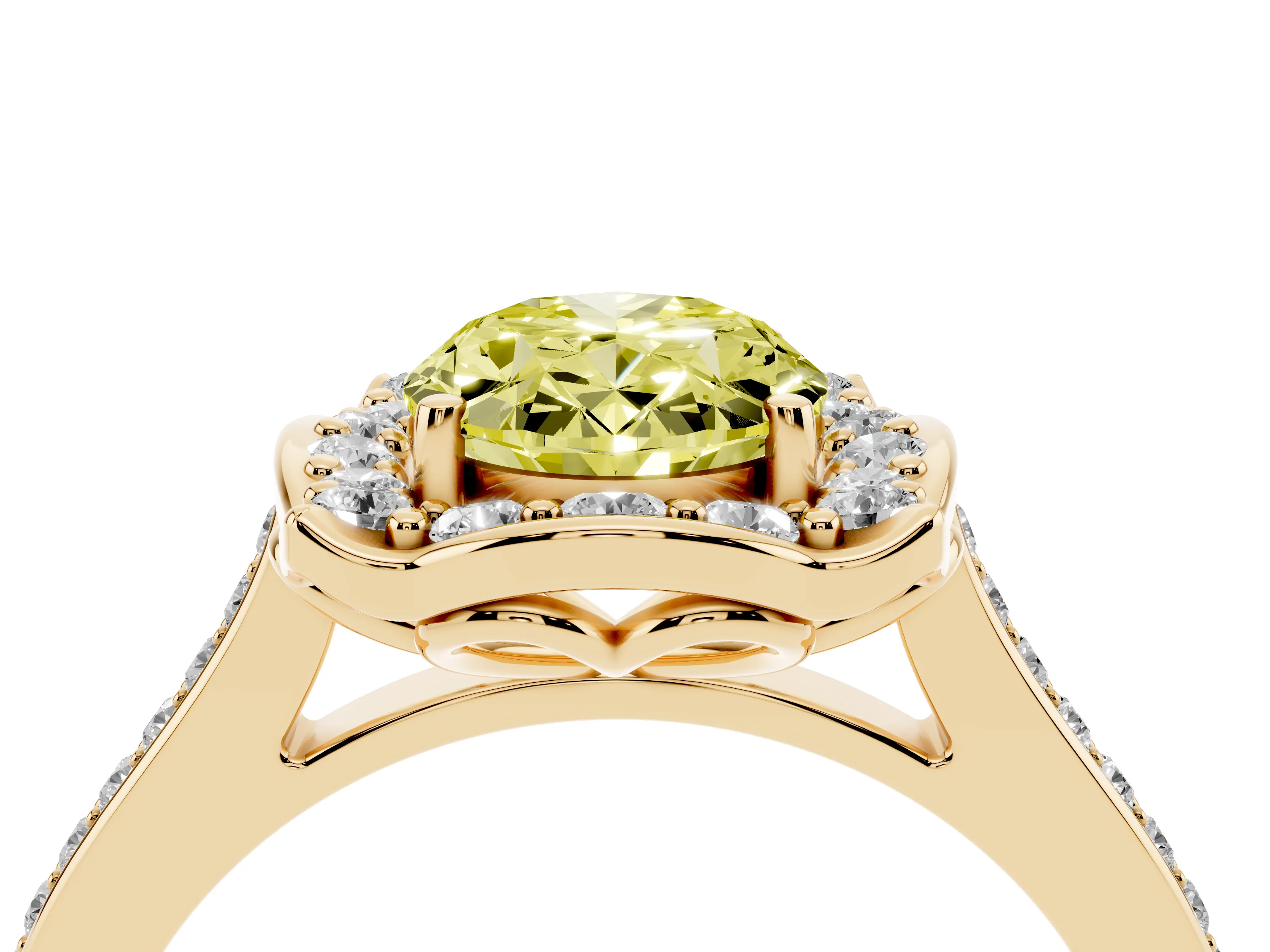 Fancy Yellow Oval Cut Diamond Halo Ring Set in Yellow gold with Pavé-Lined Shoulders and Prong Setting