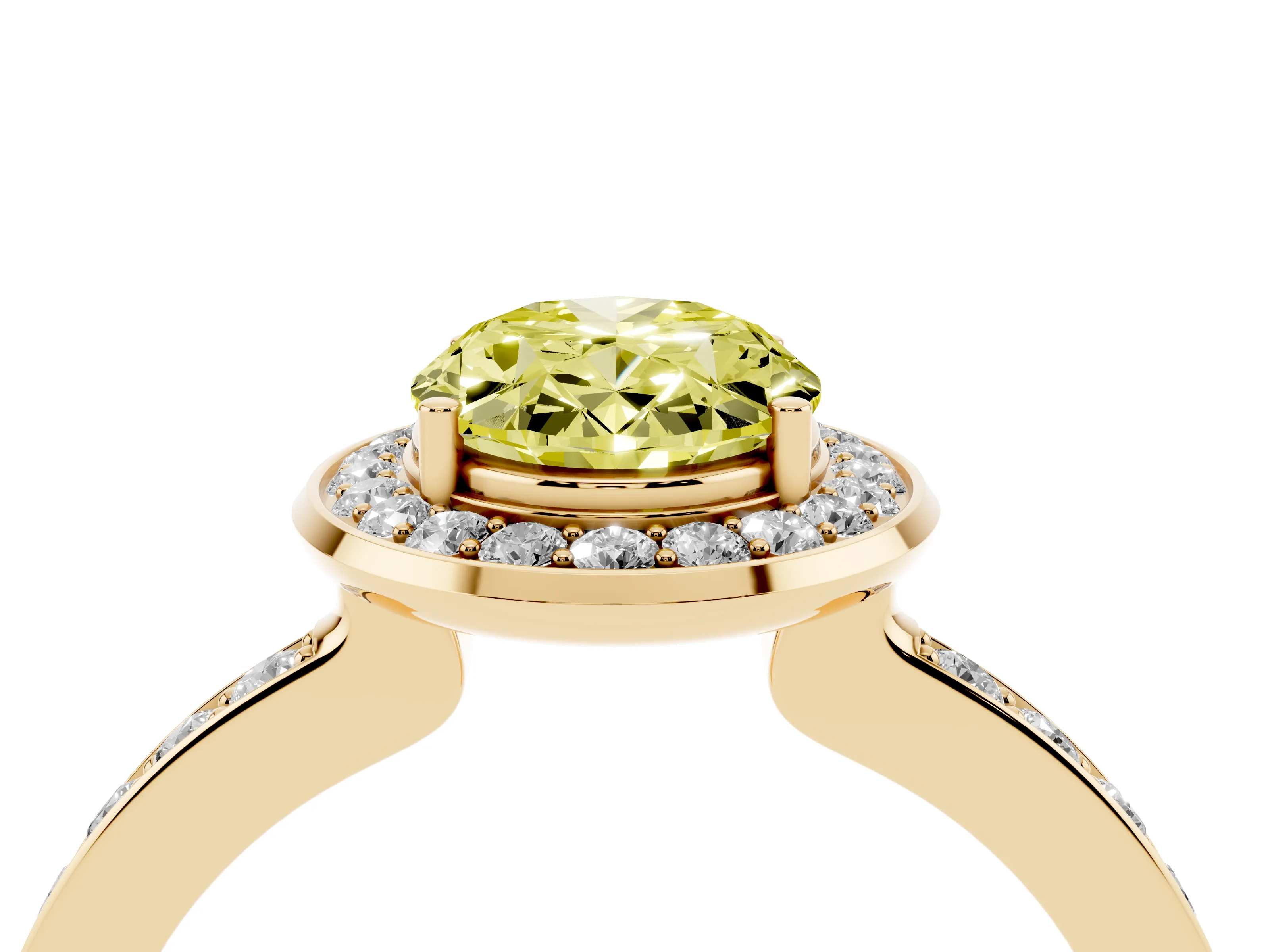 Fancy Yellow Oval Cut Diamond Halo Ring Set in Yellow gold with Bezel Frame and Pavé Band