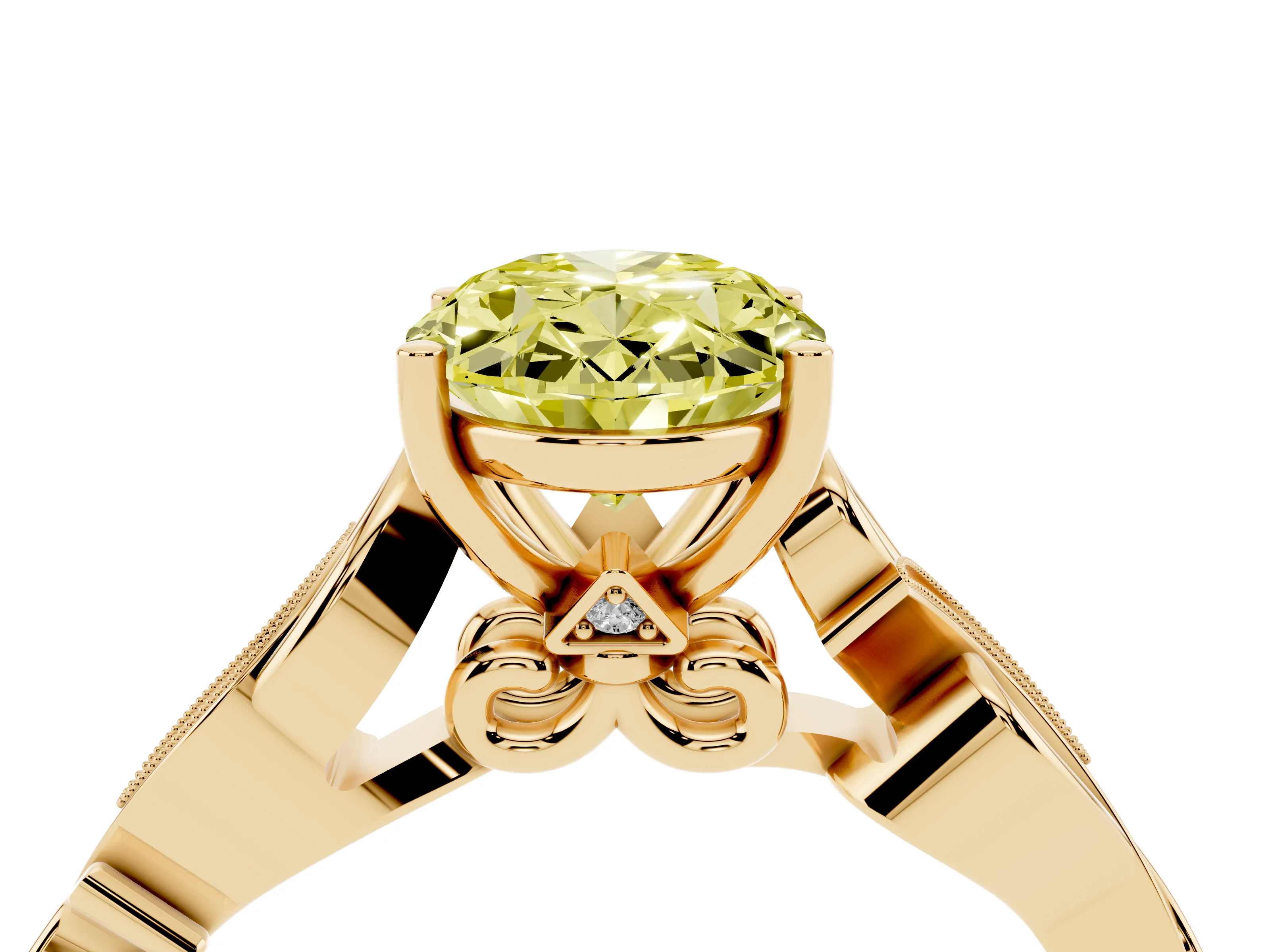 Fancy Yellow Oval Cut Diamond Vine Band Solitaire Ring Set in Yellow gold with Milgrain Prong Setting