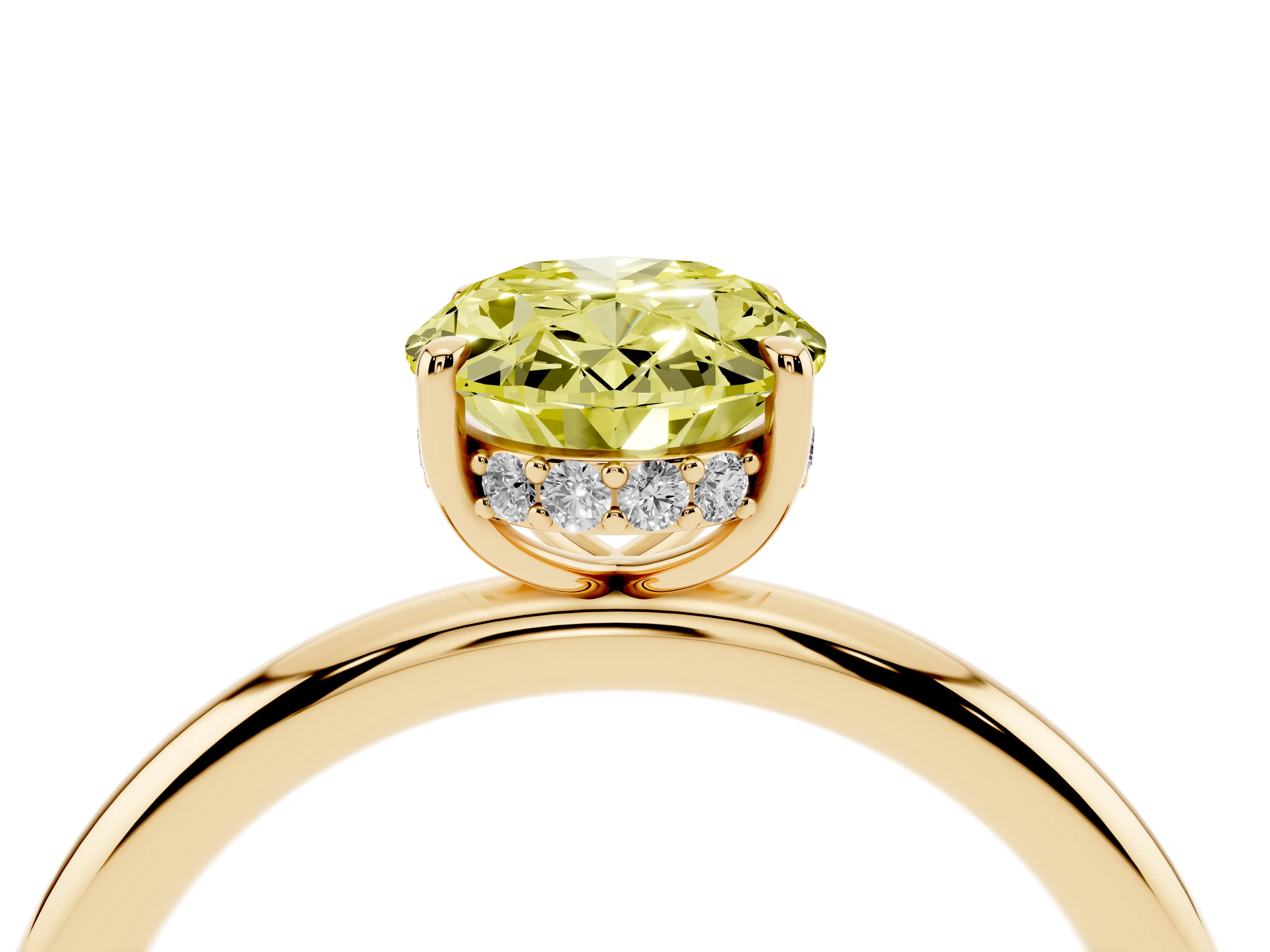 Fancy Yellow Oval Cut Diamond Solitaire Ring Set in Yellow gold with Thin Band and Prong Setting