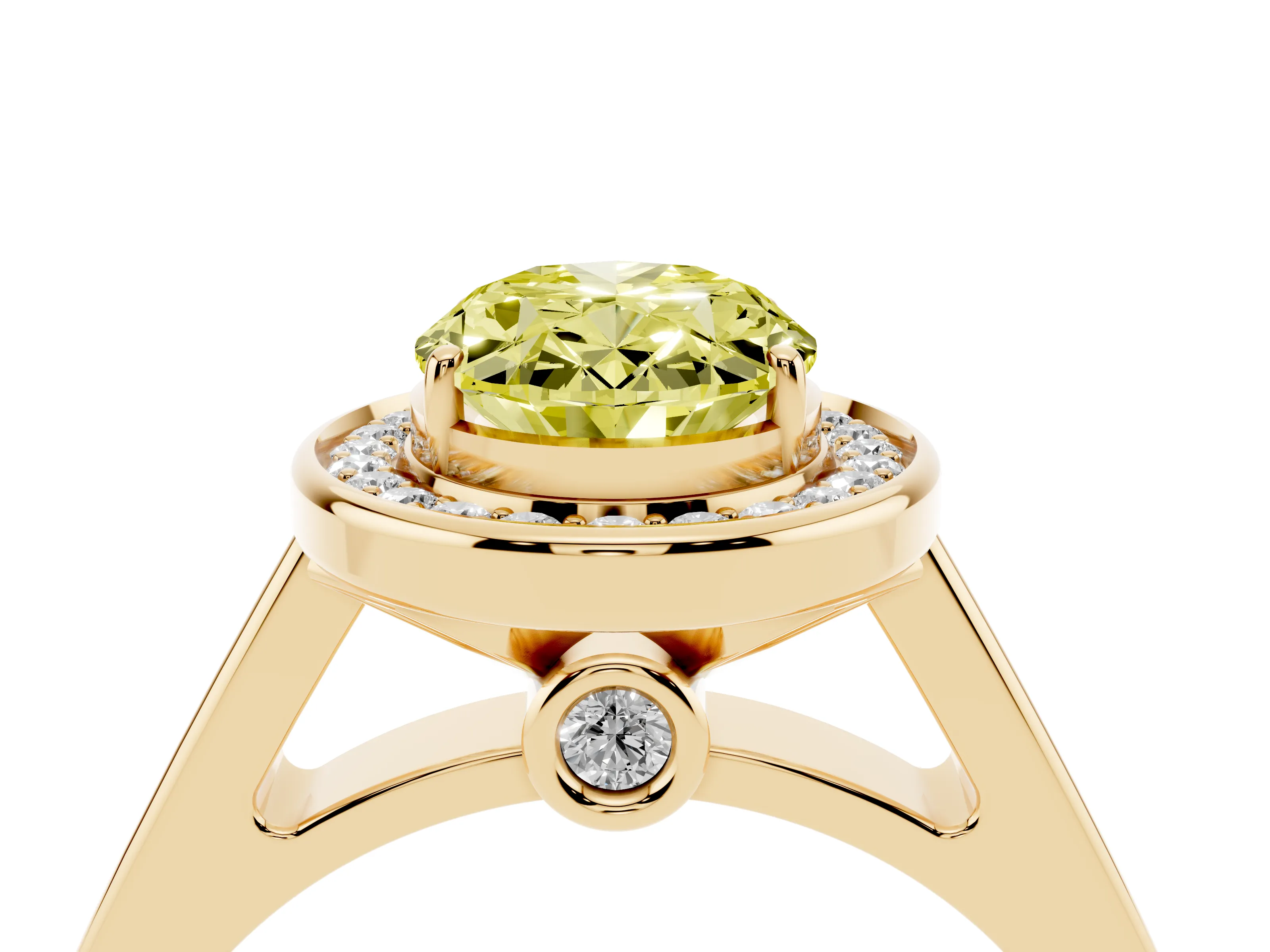 Fancy Yellow Oval Cut Diamond Halo Solitaire Ring Set in Yellow gold with Pavé Band and Bezel Setting