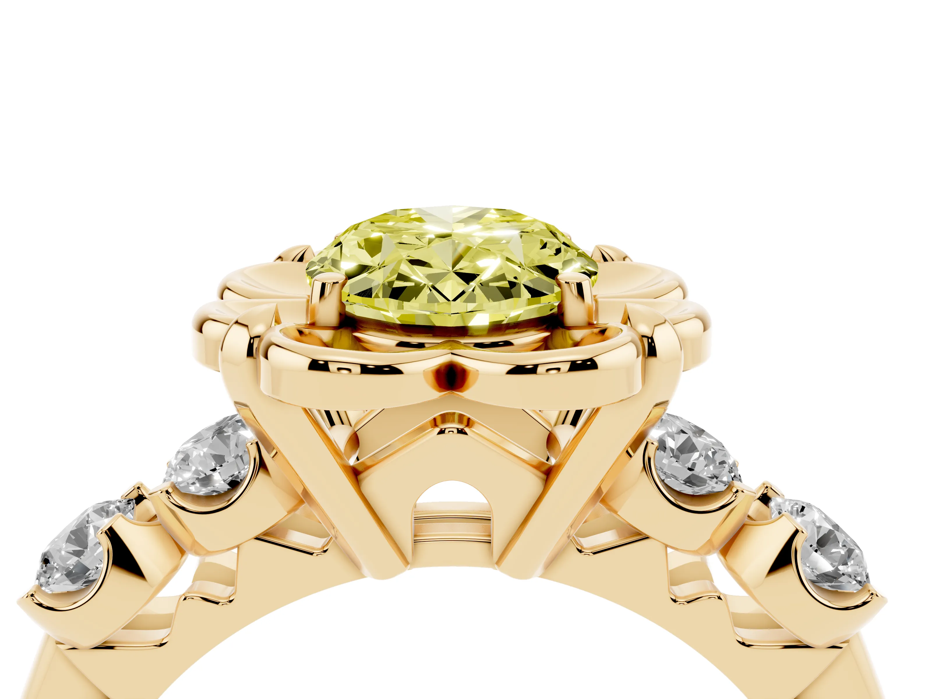 Fancy Yellow Oval Cut Diamond Floral Halo Ring Set in Yellow gold with Shared Prong Band