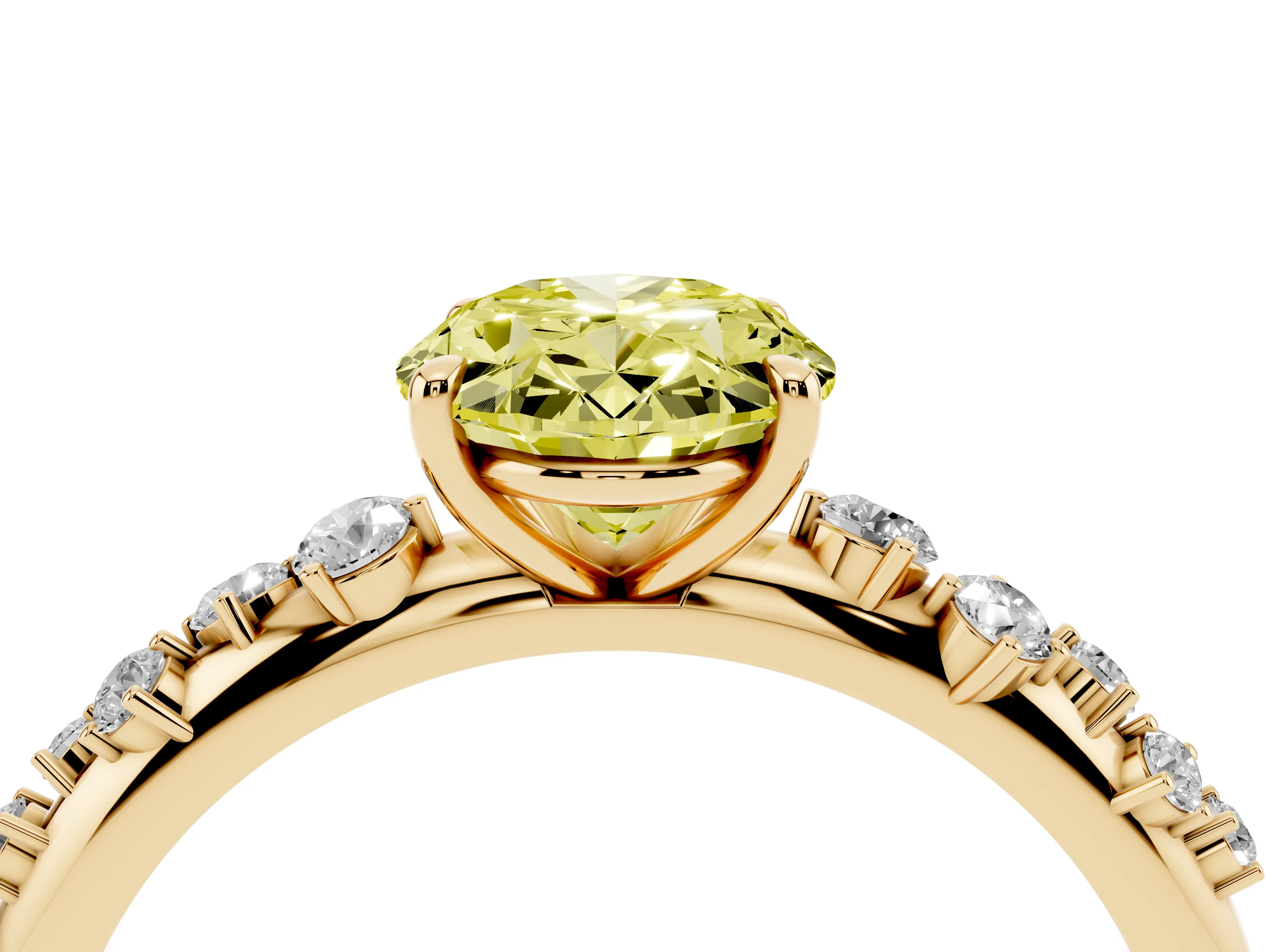 Fancy Yellow Oval Cut Diamond Cluster Solitaire Ring Set in Yellow gold with Prong Setting