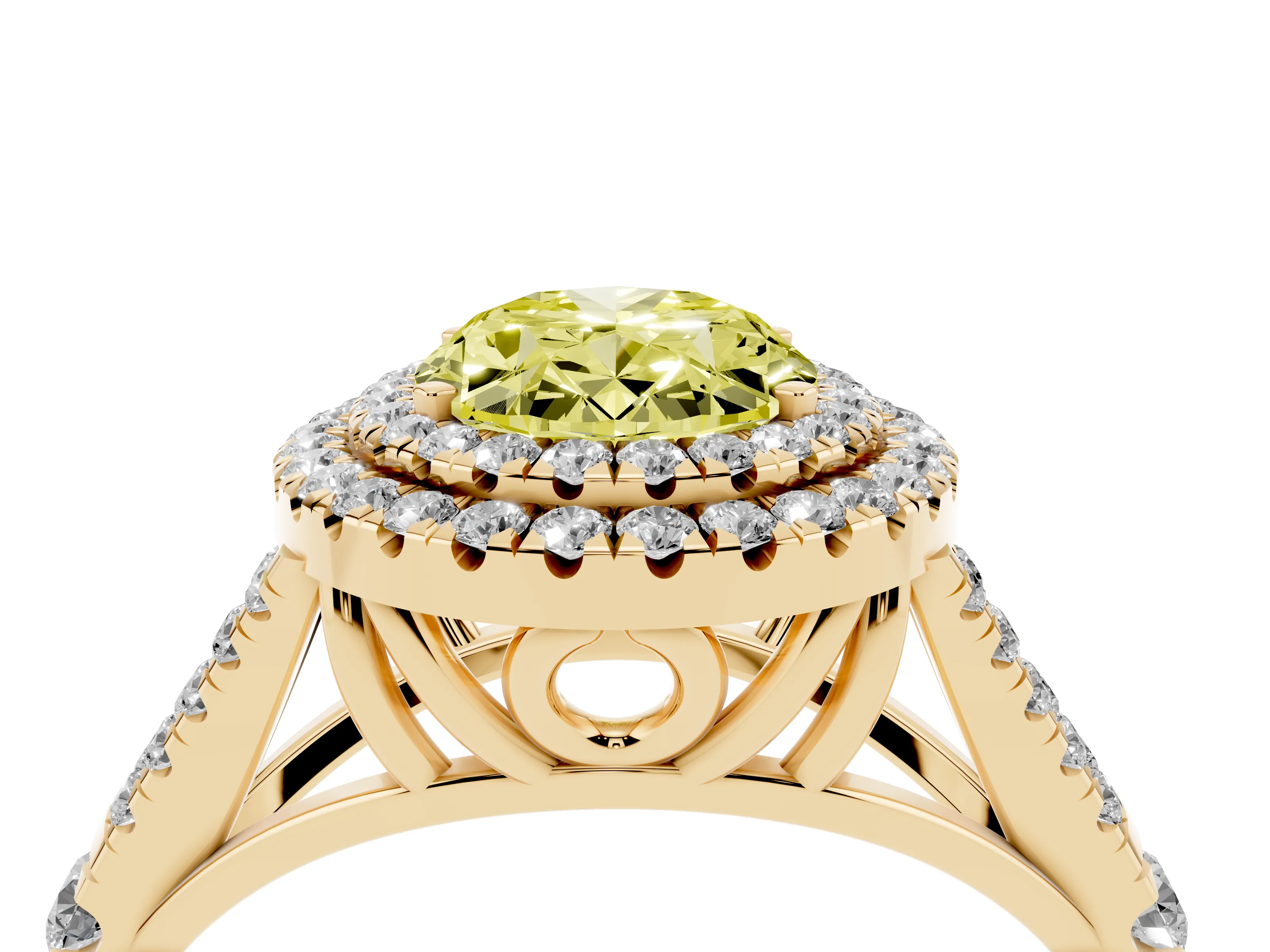 Fancy Yellow Oval Cut Diamond Pavé Split Shank Double Halo Engagement Ring Set in Yellow gold