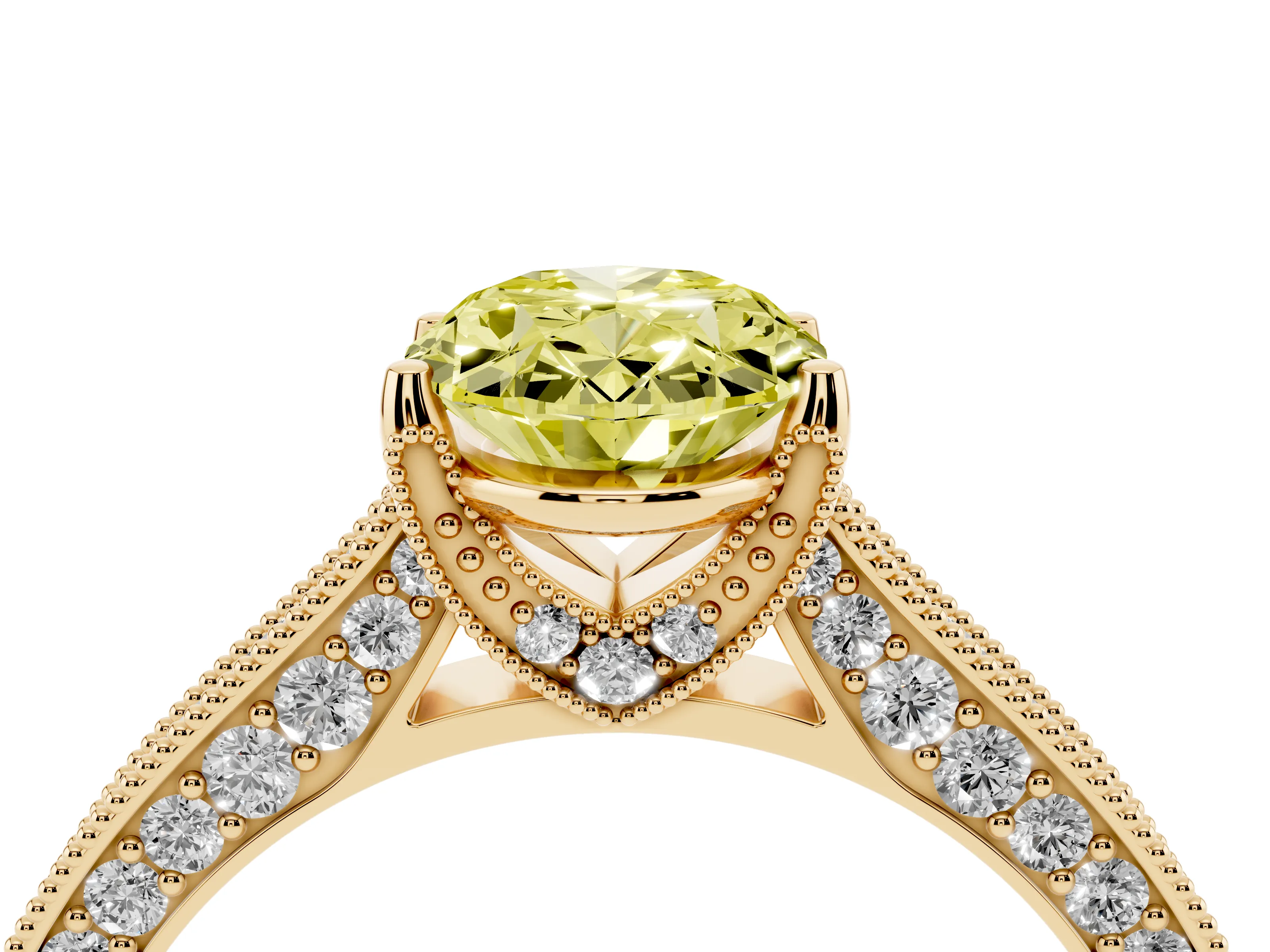 Fancy Yellow Oval Cut Diamond Solitaire Ring Set in Yellow gold with Milgrain-Edged Pavé Band and Prong Setting