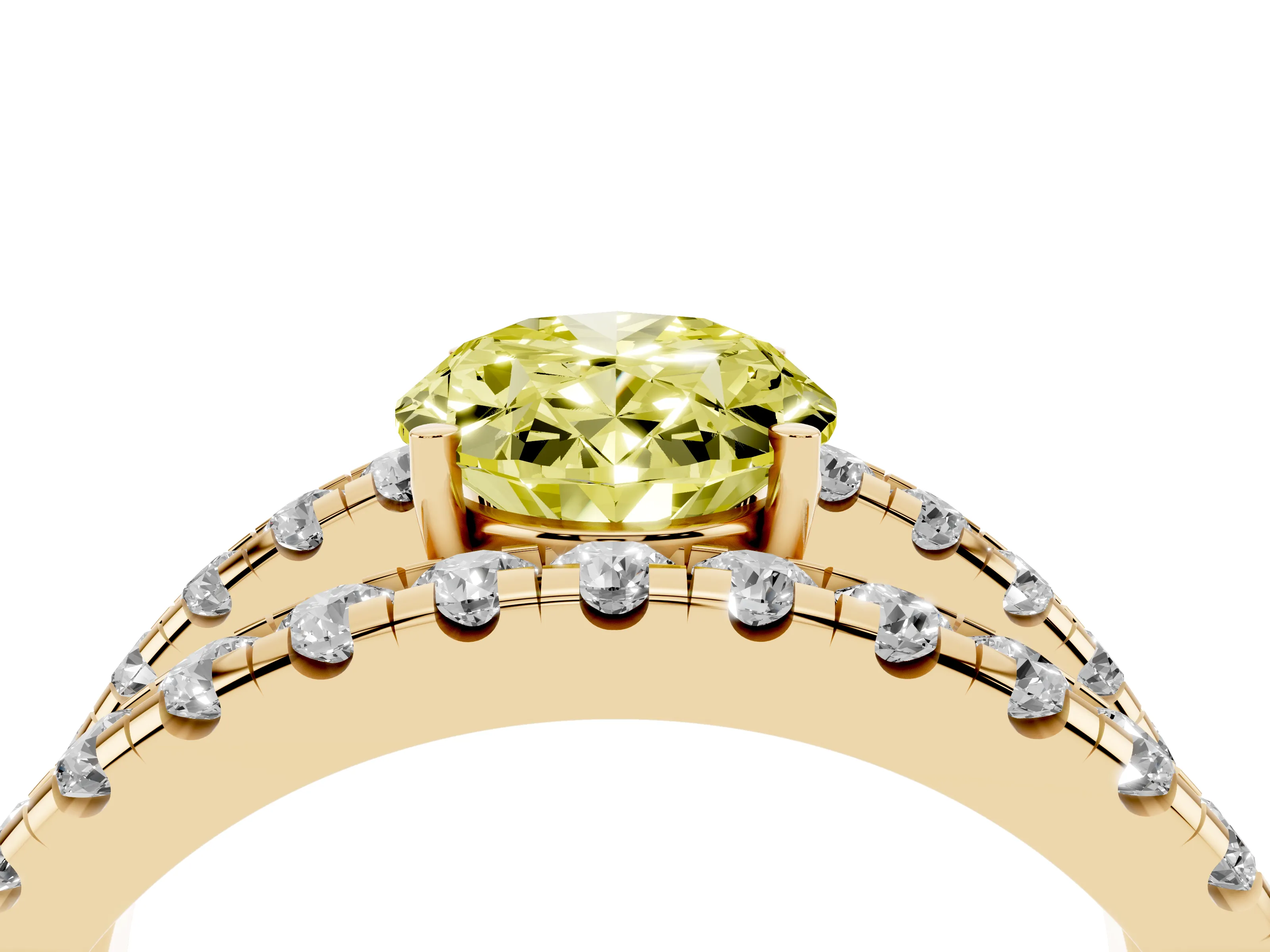 Fancy Yellow Oval Cut Diamond Split Shank Pavé Solitaire Ring Set in Yellow gold with Open Shank Design