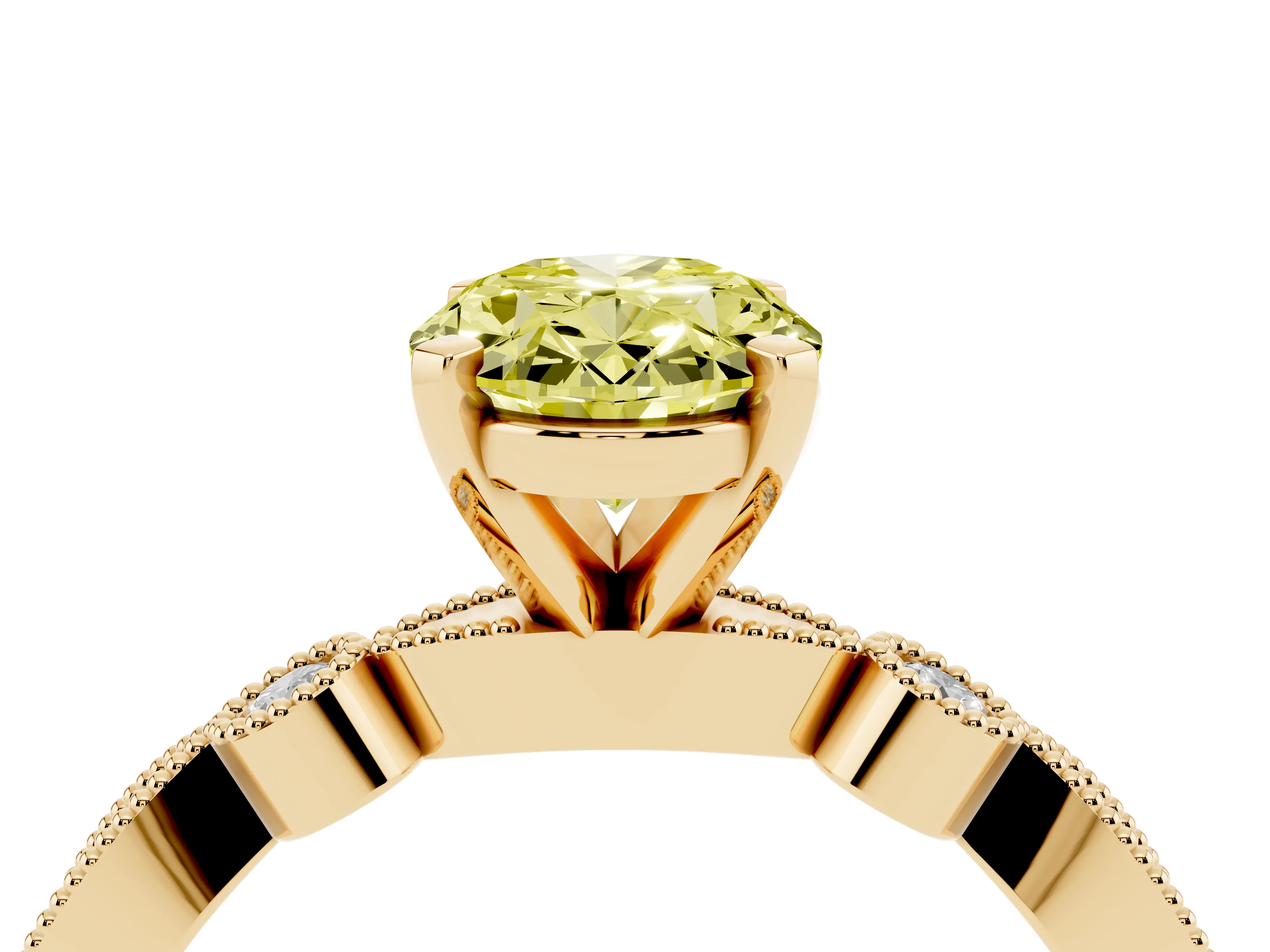 Fancy Yellow Oval Cut Diamond Solitaire Engagement Ring Set in Yellow gold with Milgrain Bezel Accent Band