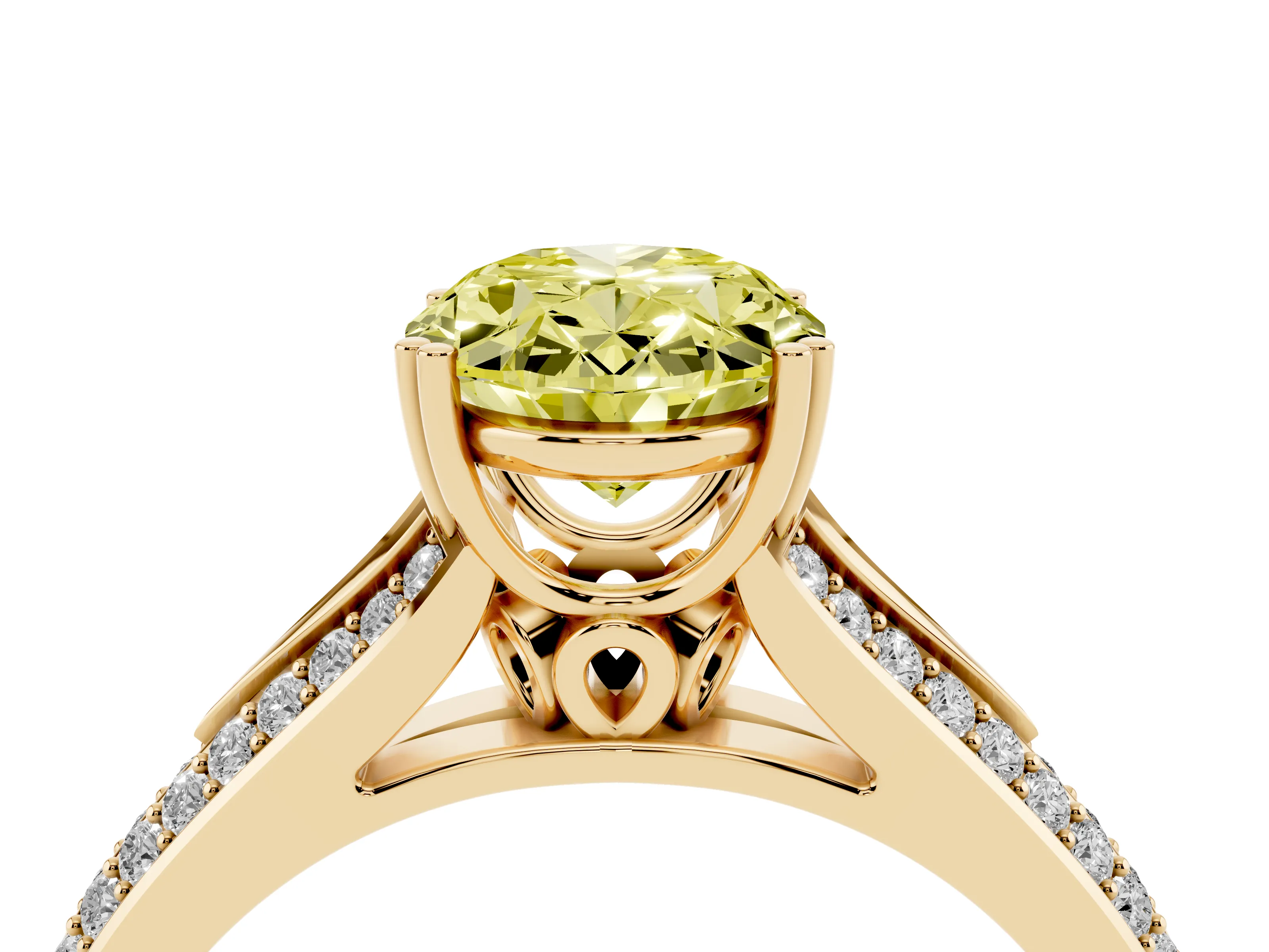 Fancy Yellow Oval Cut Diamond Split Shank Pavé Engagement Ring Set in Yellow gold with Prong-Set Center Stone