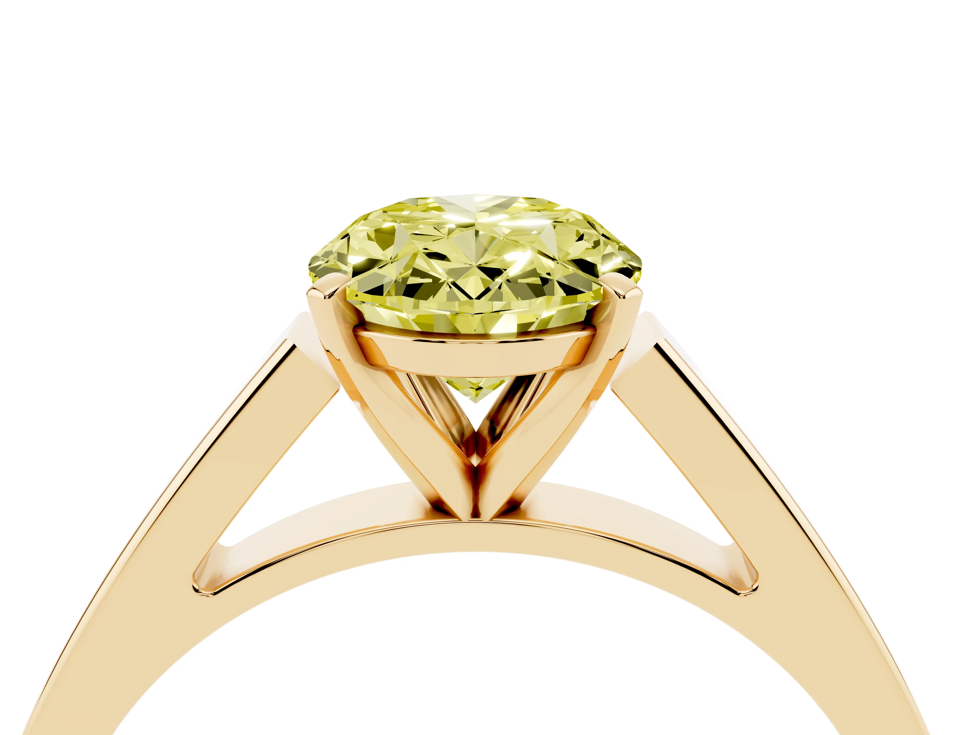 Fancy Yellow Oval Cut Diamond Solitaire Engagement Ring Set in Yellow gold with Prong Setting and Tapered Band