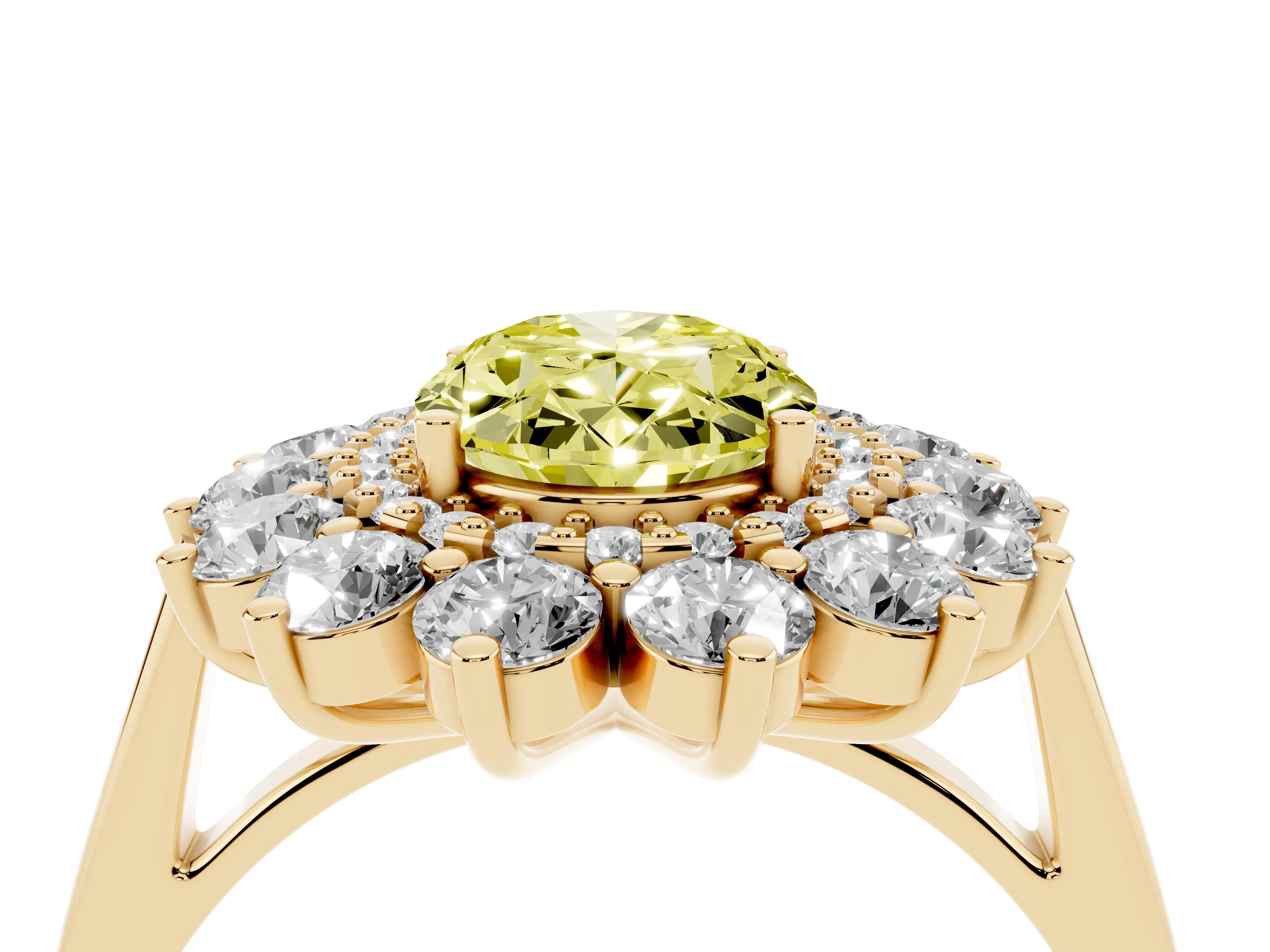 Fancy Yellow Oval Cut Diamond Floral Double Halo Ring Set in Yellow gold with Round Petals