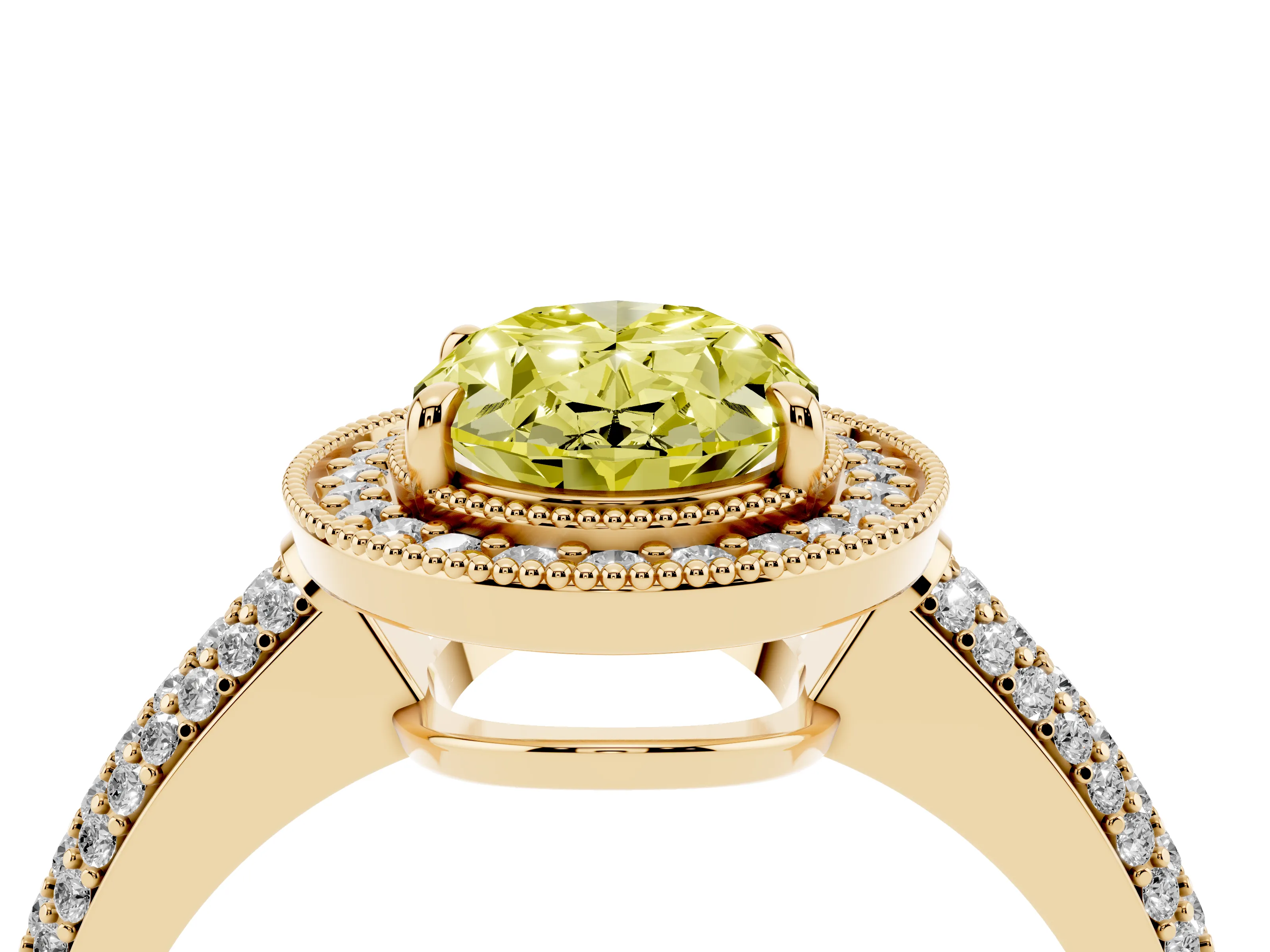 Fancy Yellow Oval Cut Diamond Halo Pavé Band Set in Yellow gold with Prong Setting