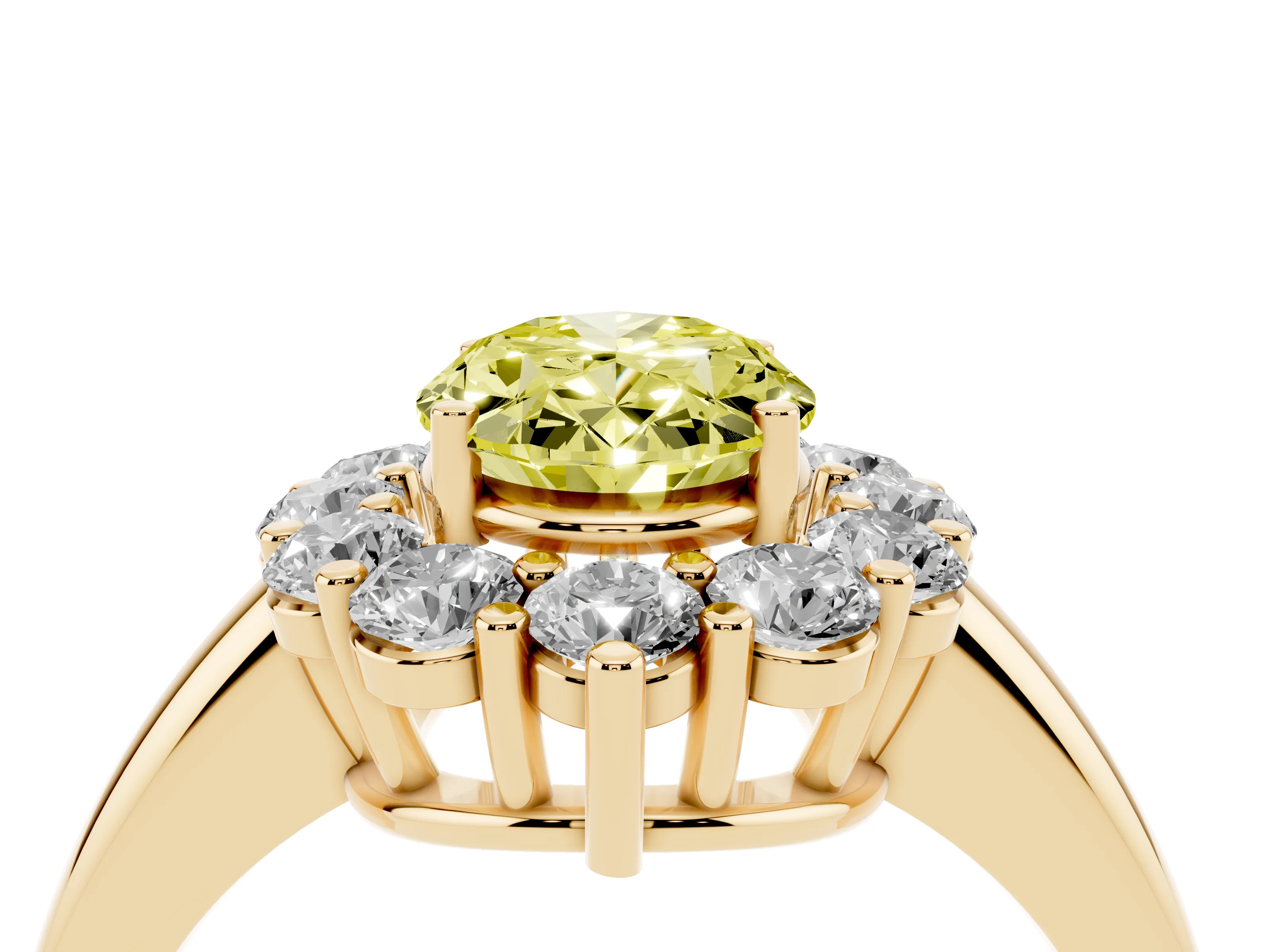Fancy Yellow Oval Cut Diamond Halo Cluster Engagement Ring Set in Yellow gold with Polished Band and Prong Setting