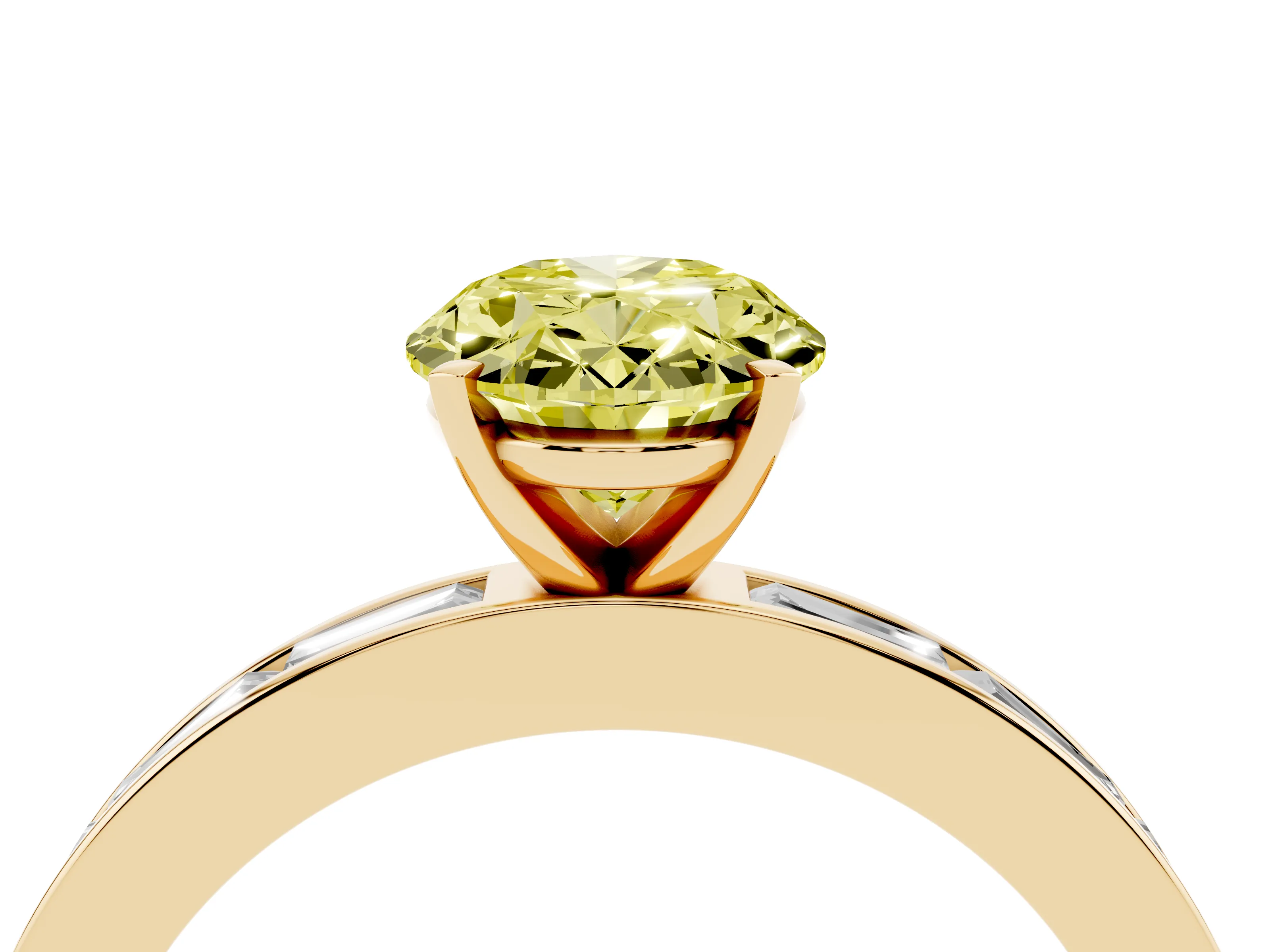 Fancy Yellow Oval Cut Diamond Solitaire Ring Set in Yellow gold with Channel-Set Baguette Band and Prong Setting