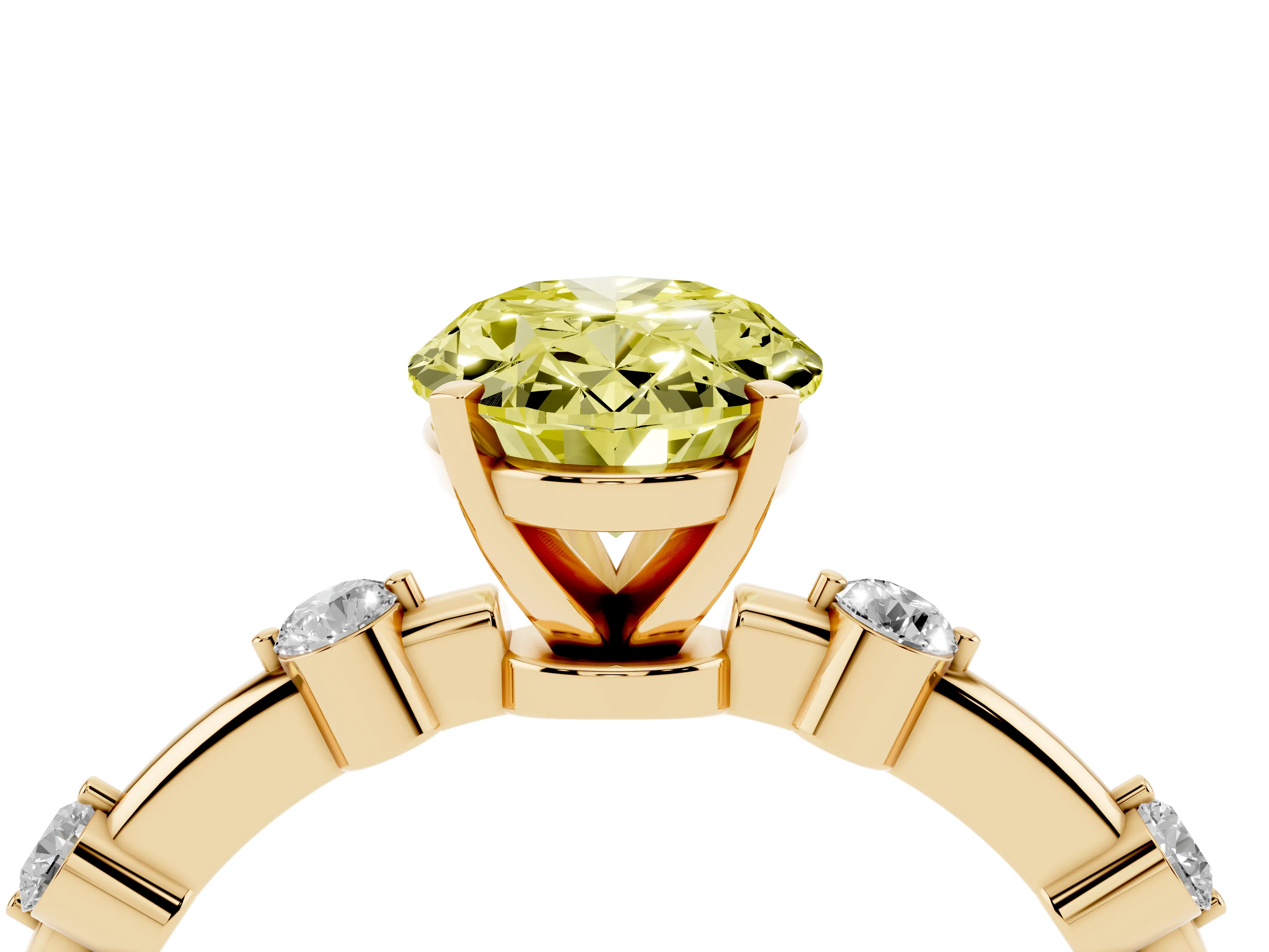 Fancy Yellow Oval Cut Diamond Solitaire Ring Set in Yellow gold with Bezel Set Side Stones and Prong Setting