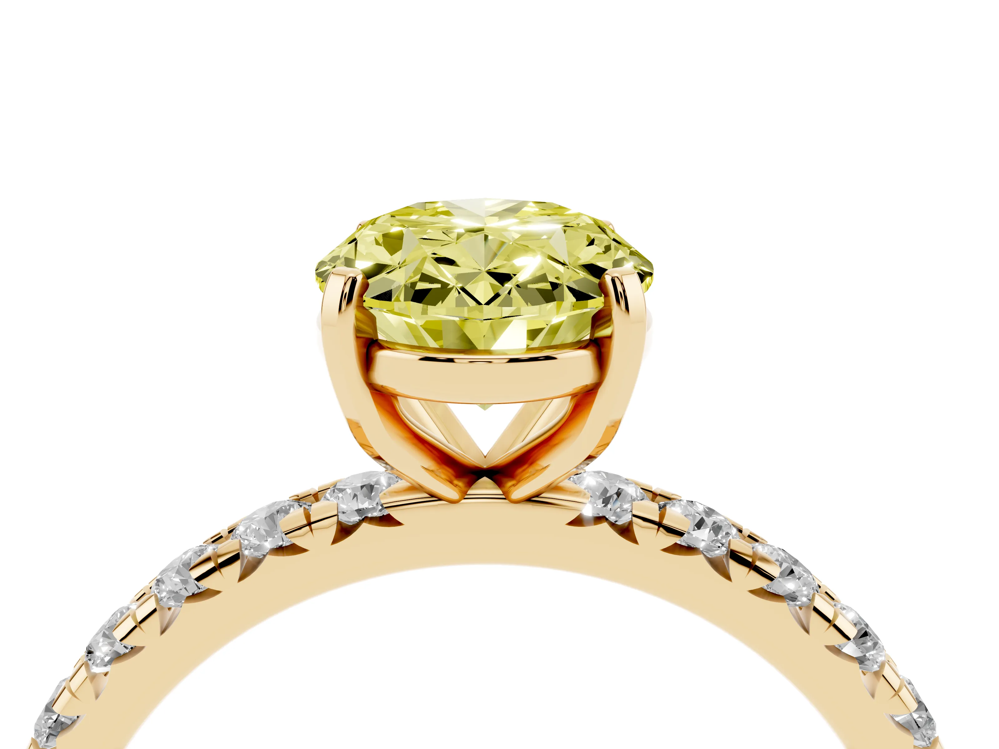 Fancy Yellow Oval Cut Diamond Pavé Solitaire Ring Set in Yellow gold with Round Band and Prong Setting