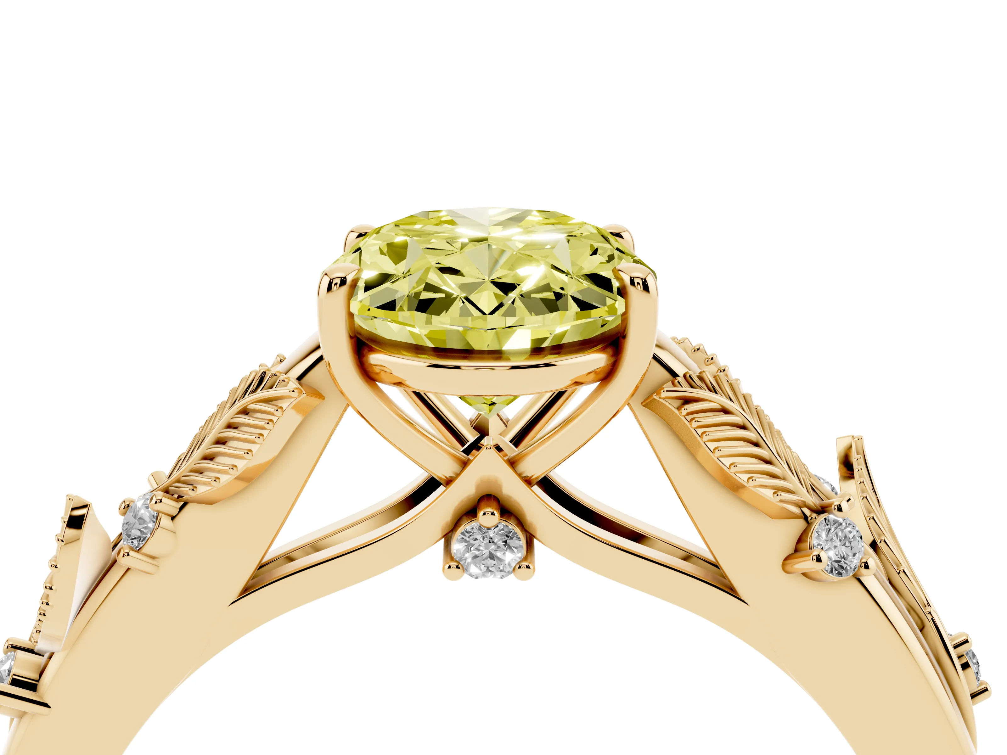 Fancy Yellow Oval Cut Diamond Solitaire Ring Set in Yellow gold with Leaf Motif Band