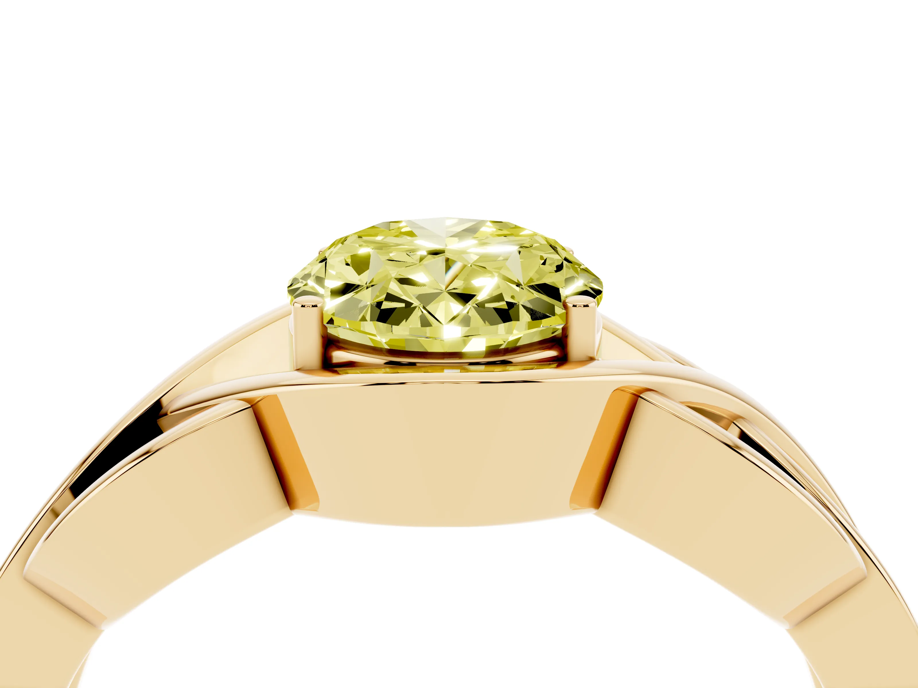 Fancy Yellow Oval Cut Diamond Solitaire Ring Set in Yellow gold with Intertwined Band