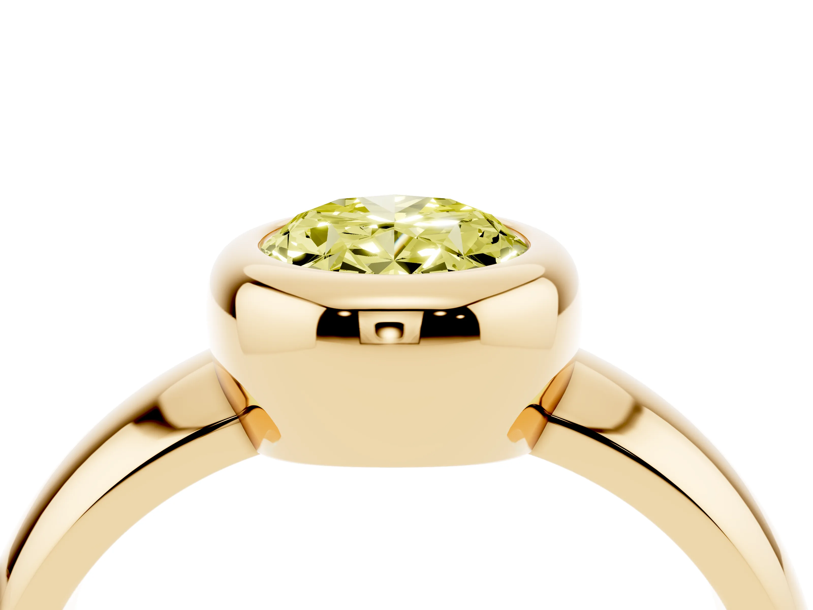 Fancy Yellow Bezel Set Oval Cut Diamond Solitaire Ring Set in Yellow gold with Wide Band