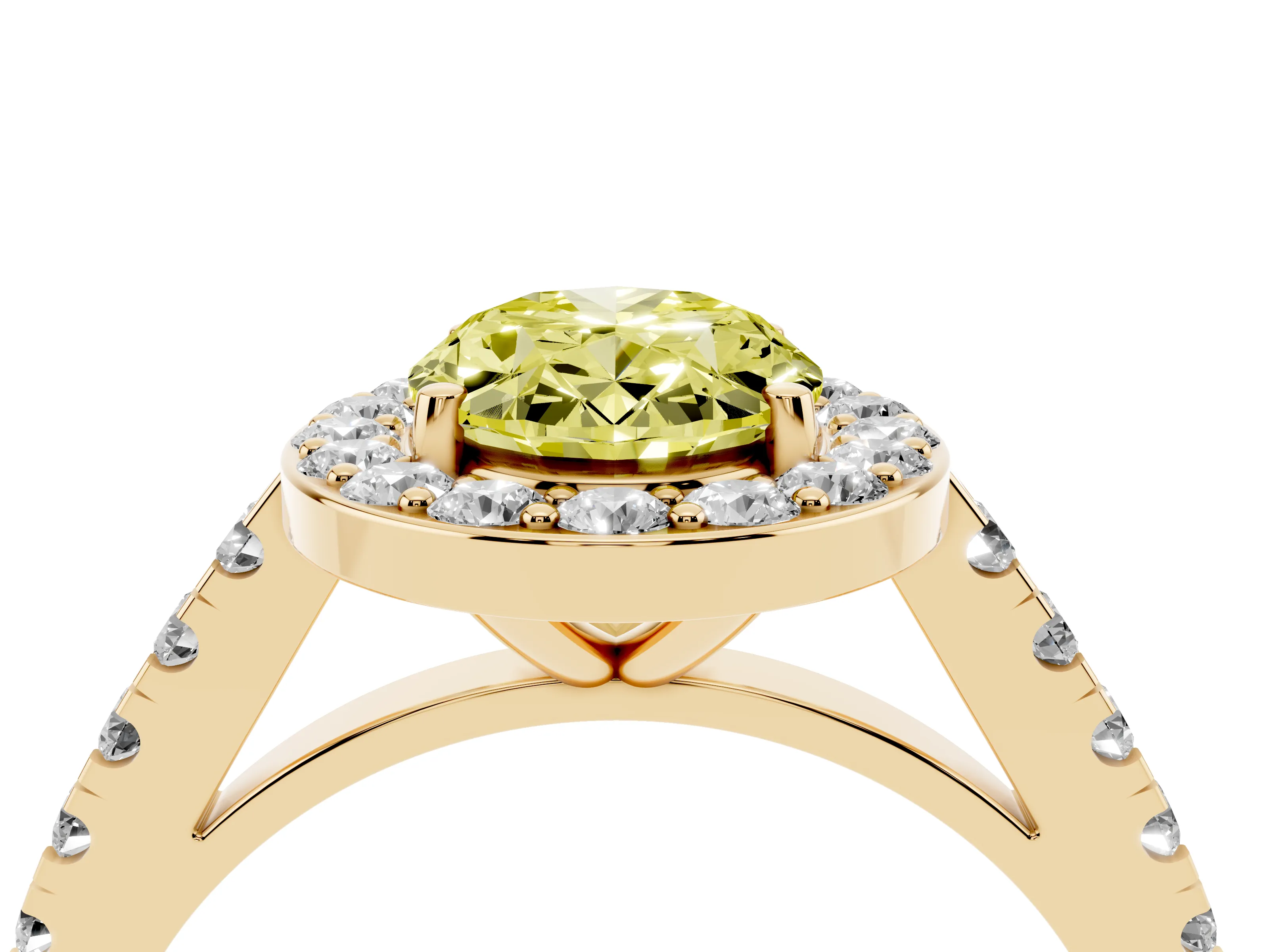 Fancy Yellow Oval Cut Diamond Halo Ring Set in Yellow gold with Round Pavé Split Shank and Prong Setting