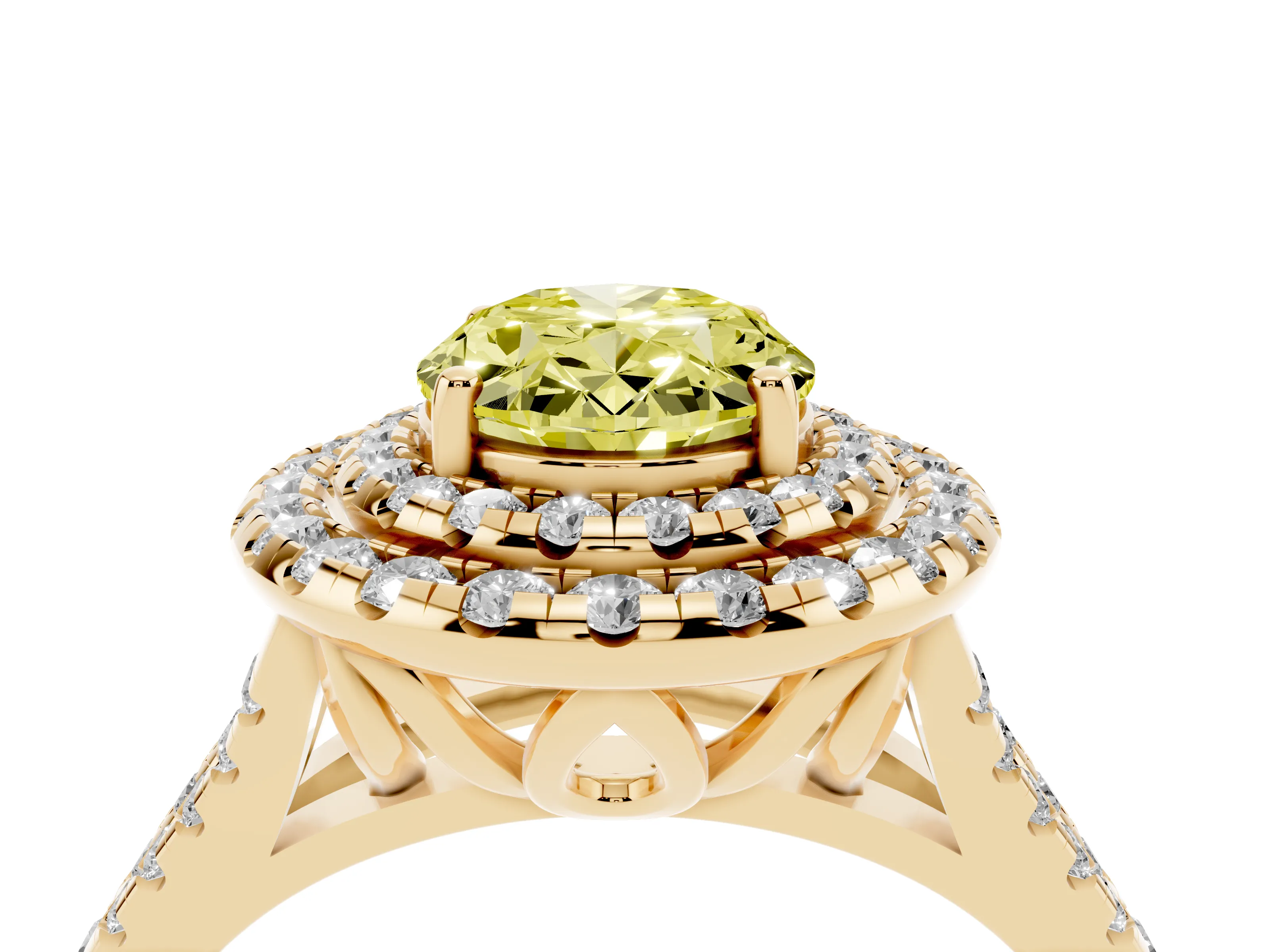Fancy Yellow Oval Cut Diamond Double Halo Ring Set in Yellow gold with Pavé Split Shank and Prong Setting