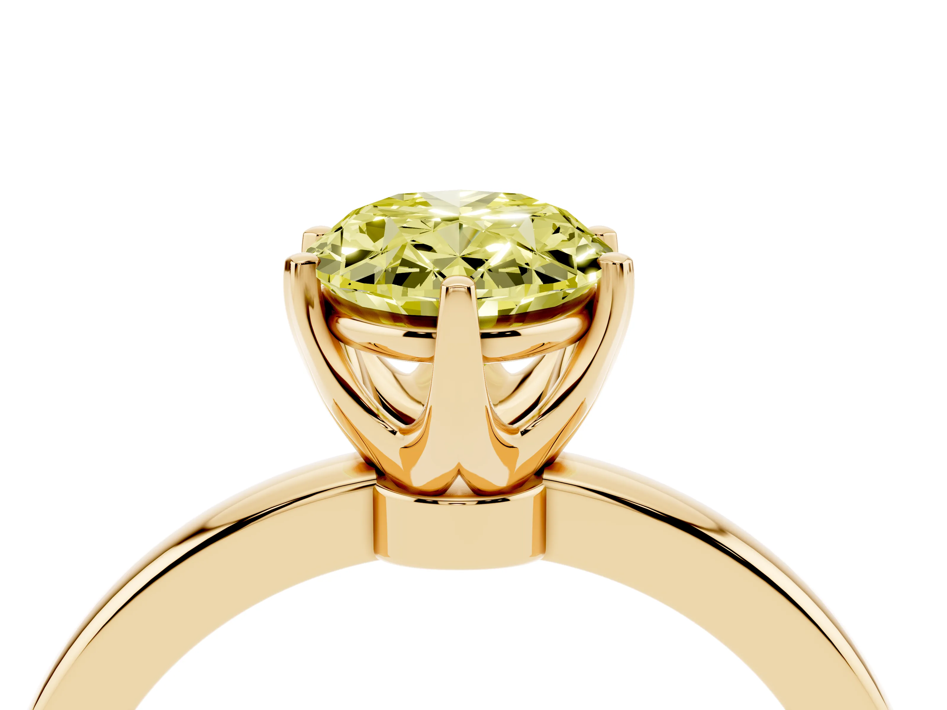 Fancy Yellow Oval Cut Diamond Solitaire Ring Set in Yellow gold with Raised Prong Setting on a Classic Band