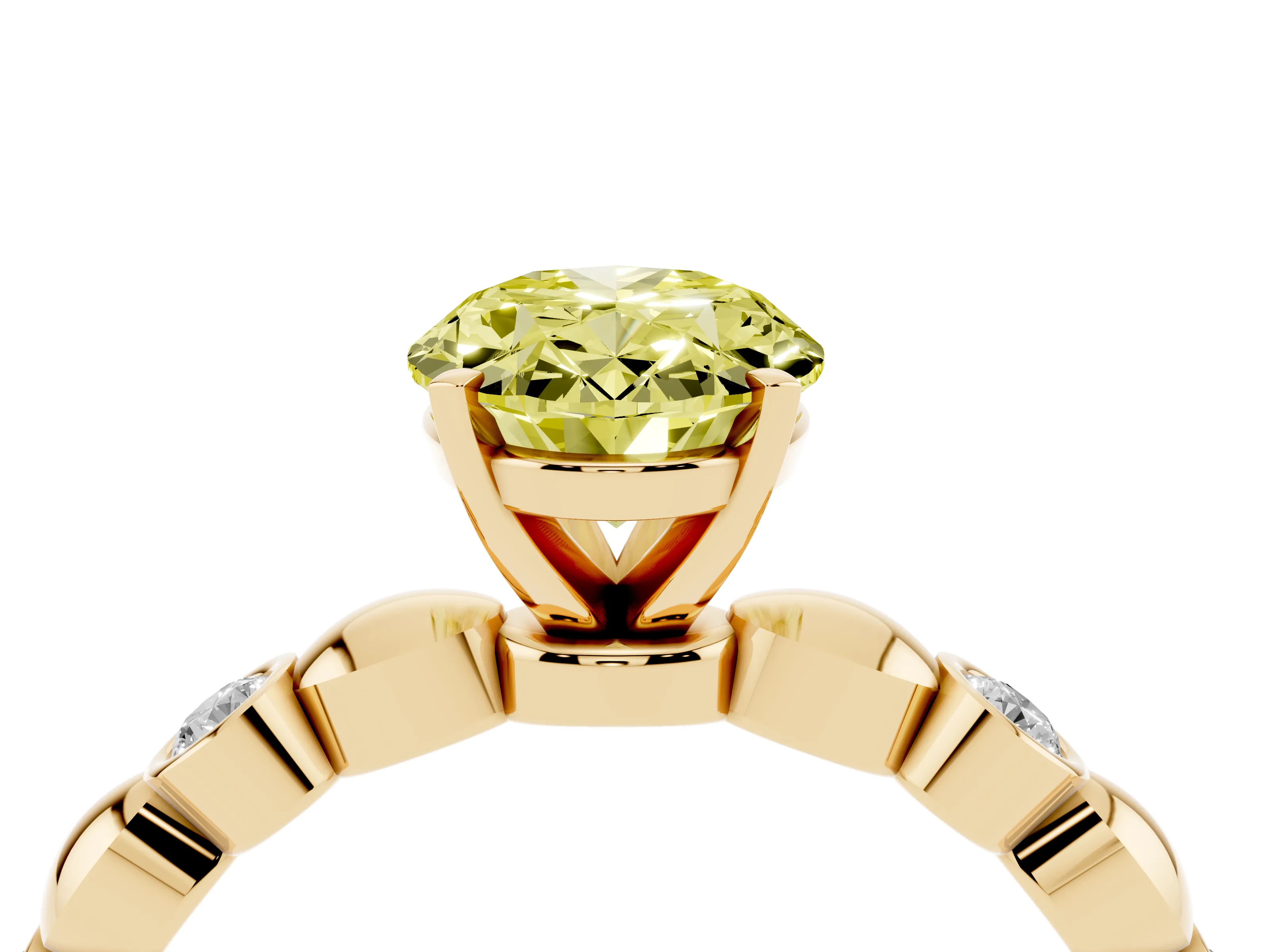 Fancy Yellow Oval Cut Diamond Solitaire Ring Set in Yellow gold with Bezel-Set Accents on Beaded Band and Prong Setting