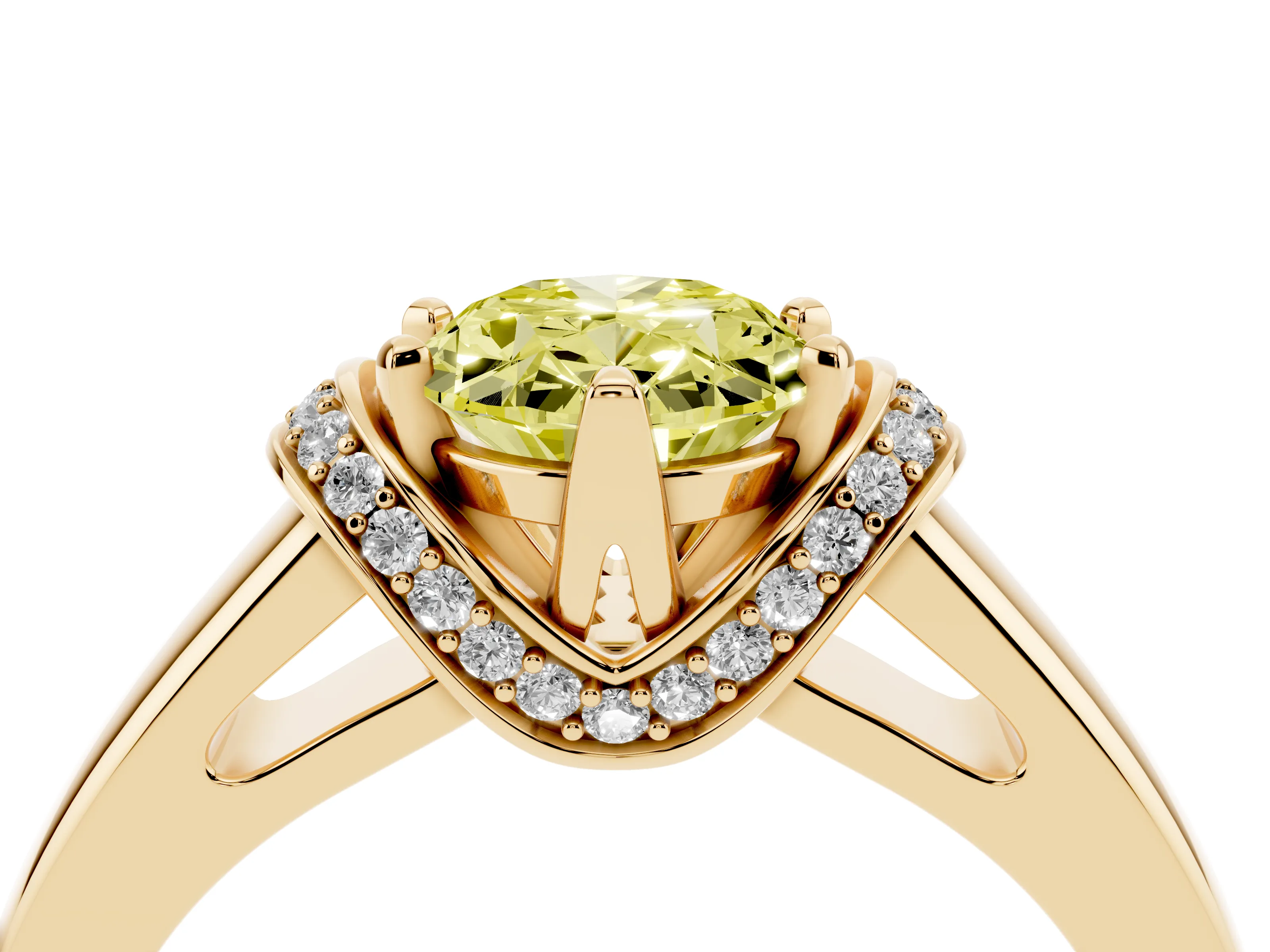 Fancy Yellow Oval Cut Diamond Pavé Band Solitaire Ring Set in Yellow gold with Prong Setting