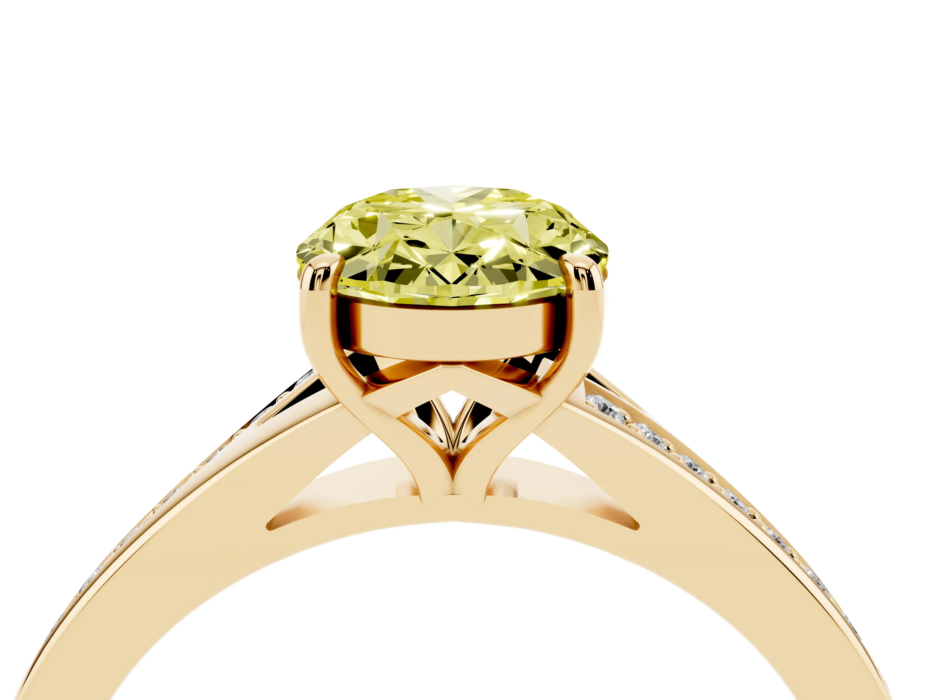 Fancy Yellow Oval Cut Diamond Solitaire Ring Set in Yellow gold with Pavé Accent Band and Classic Prong Setting
