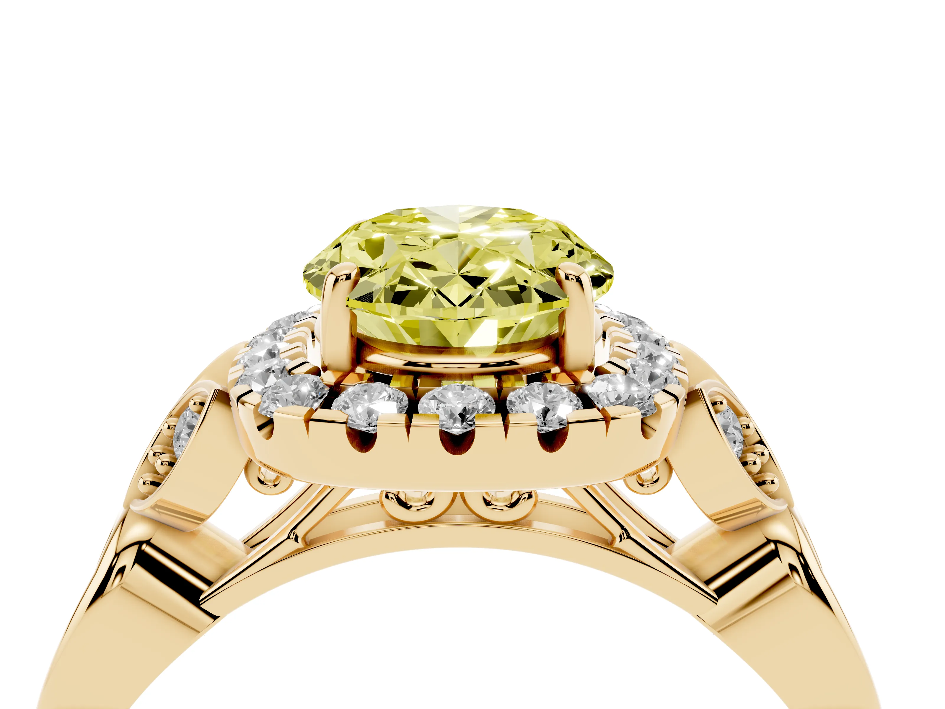 Fancy Yellow Oval Cut Diamond Halo Engagement Ring Set in Yellow gold with Vintage-Inspired Band and Prong Setting