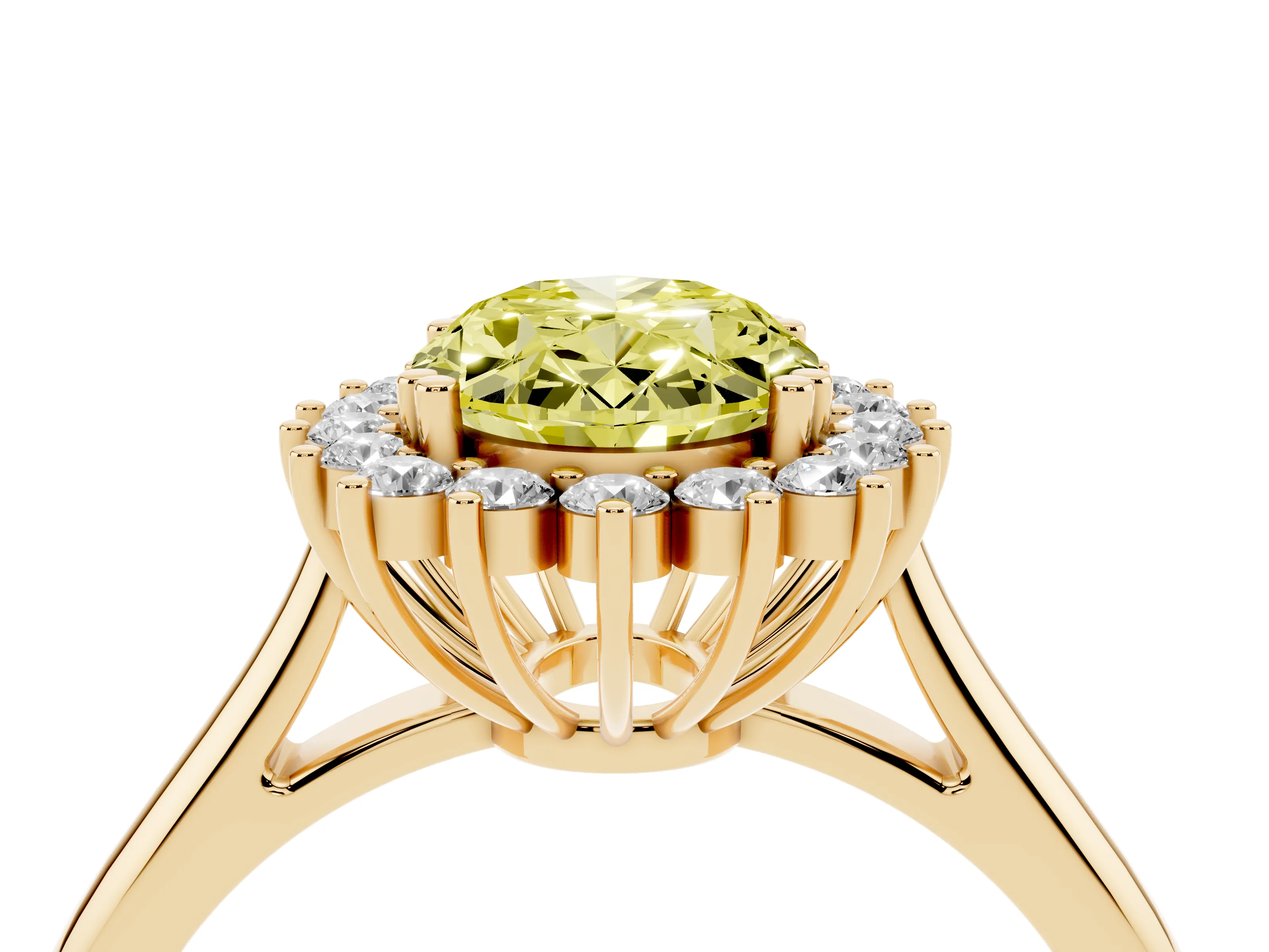 Fancy Yellow Oval Cut Diamond Halo Ring Set in Yellow gold with Plain Solitaire Band and Prong Setting