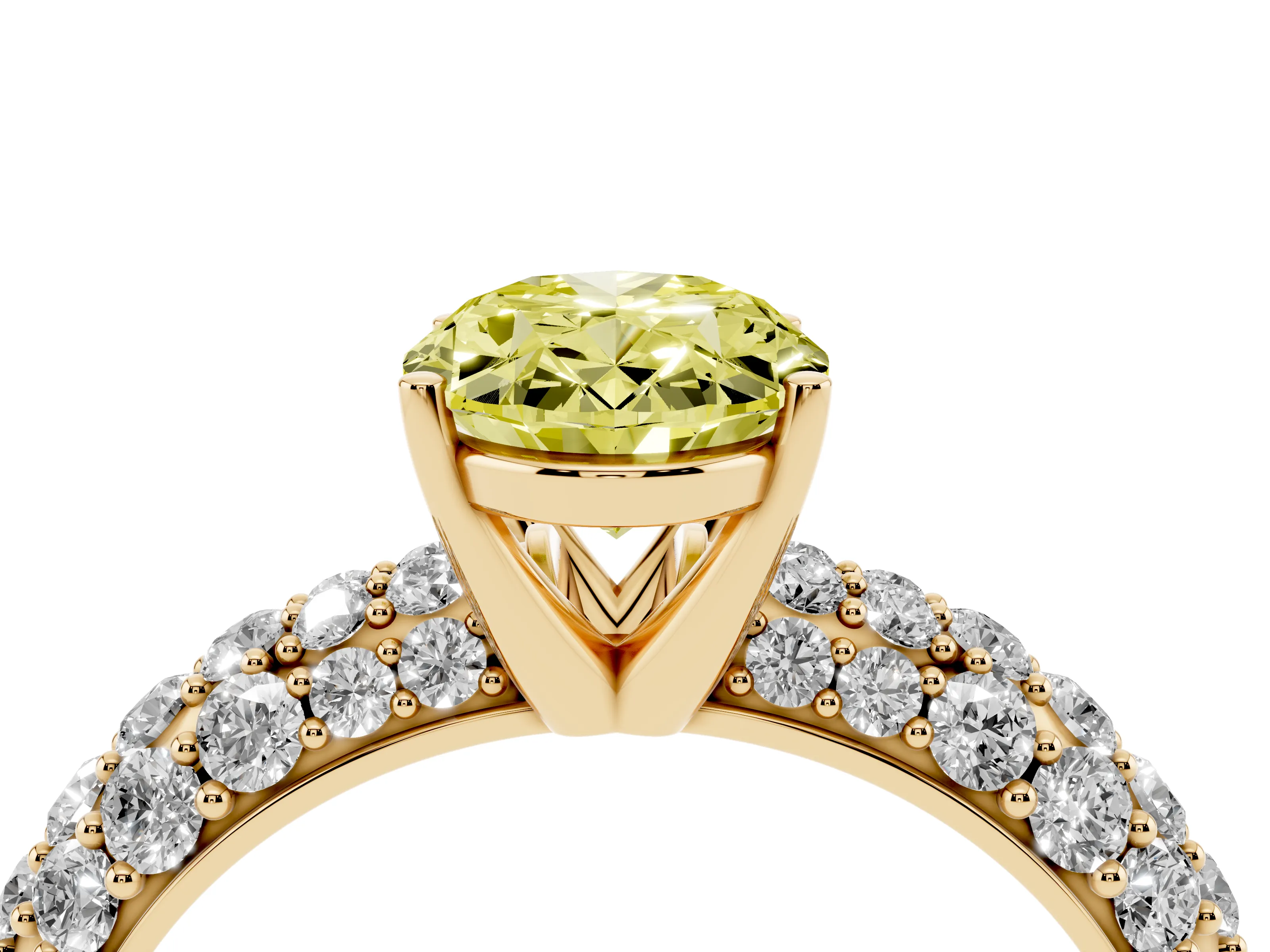 Fancy Yellow Oval Cut Diamond Pavé Band Solitaire Ring Set in Yellow gold with Close-Set Accent Stones and Prong Setting