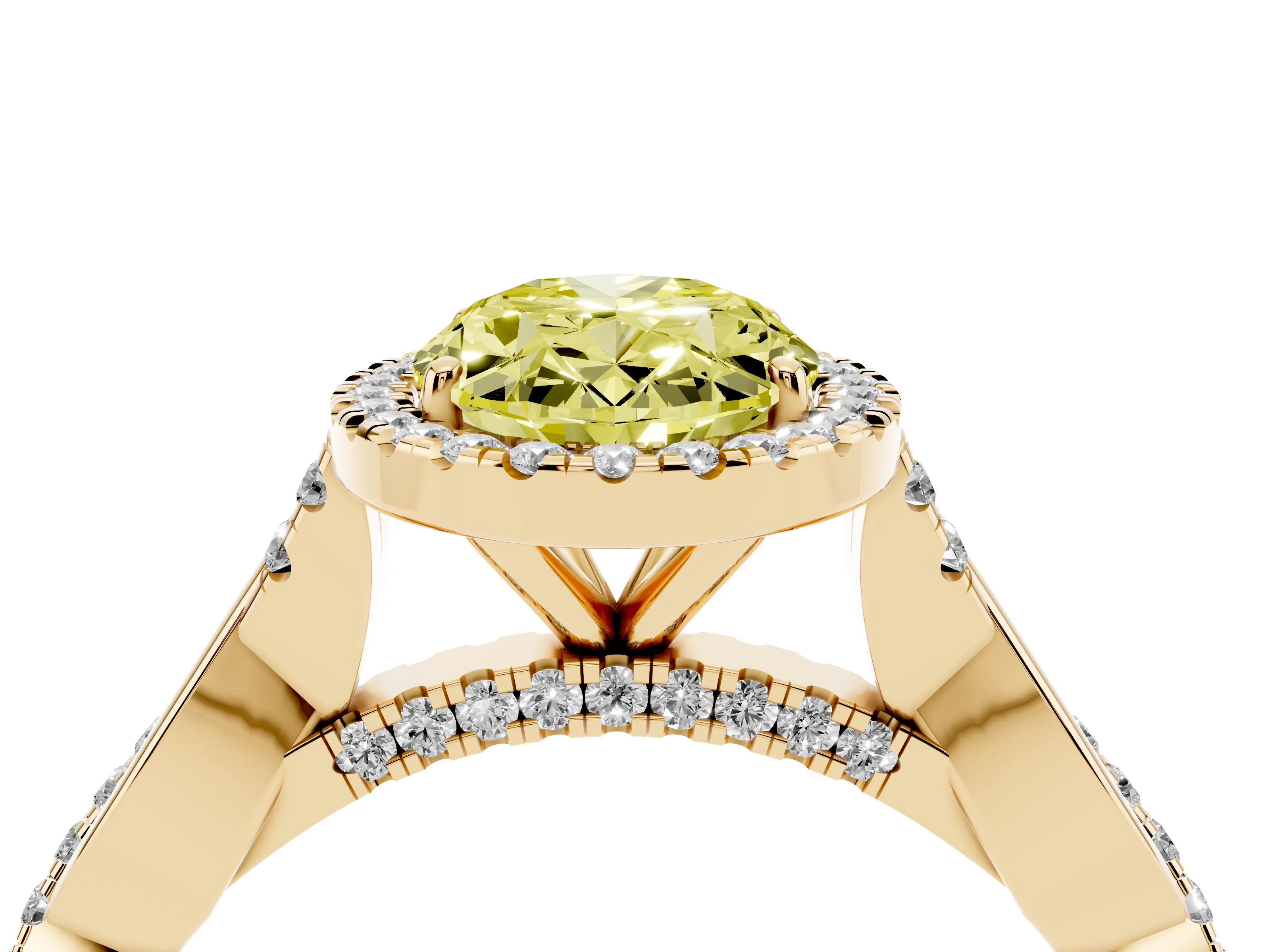 Fancy Yellow Oval Cut Diamond Halo Twist Band Solitaire Ring Set in Yellow gold with Prong Setting
