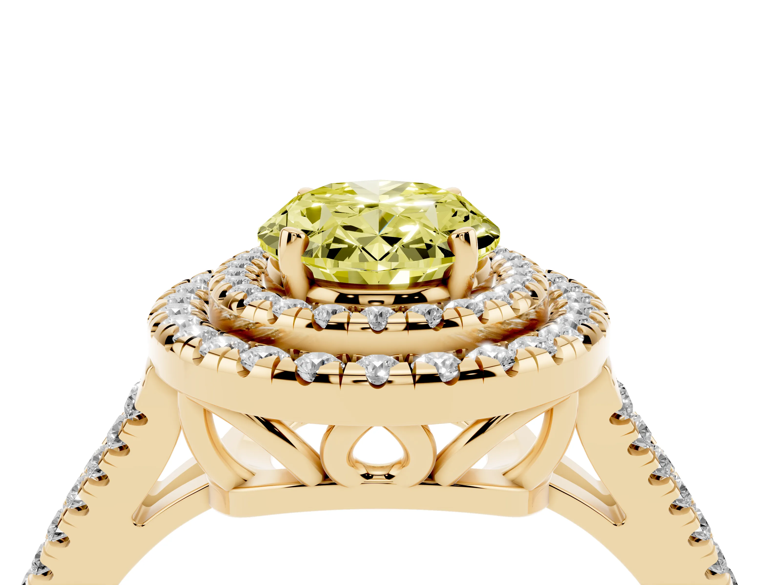 Fancy Yellow Oval Cut Diamond Double Halo Ring Set in Yellow gold with Pavé Band