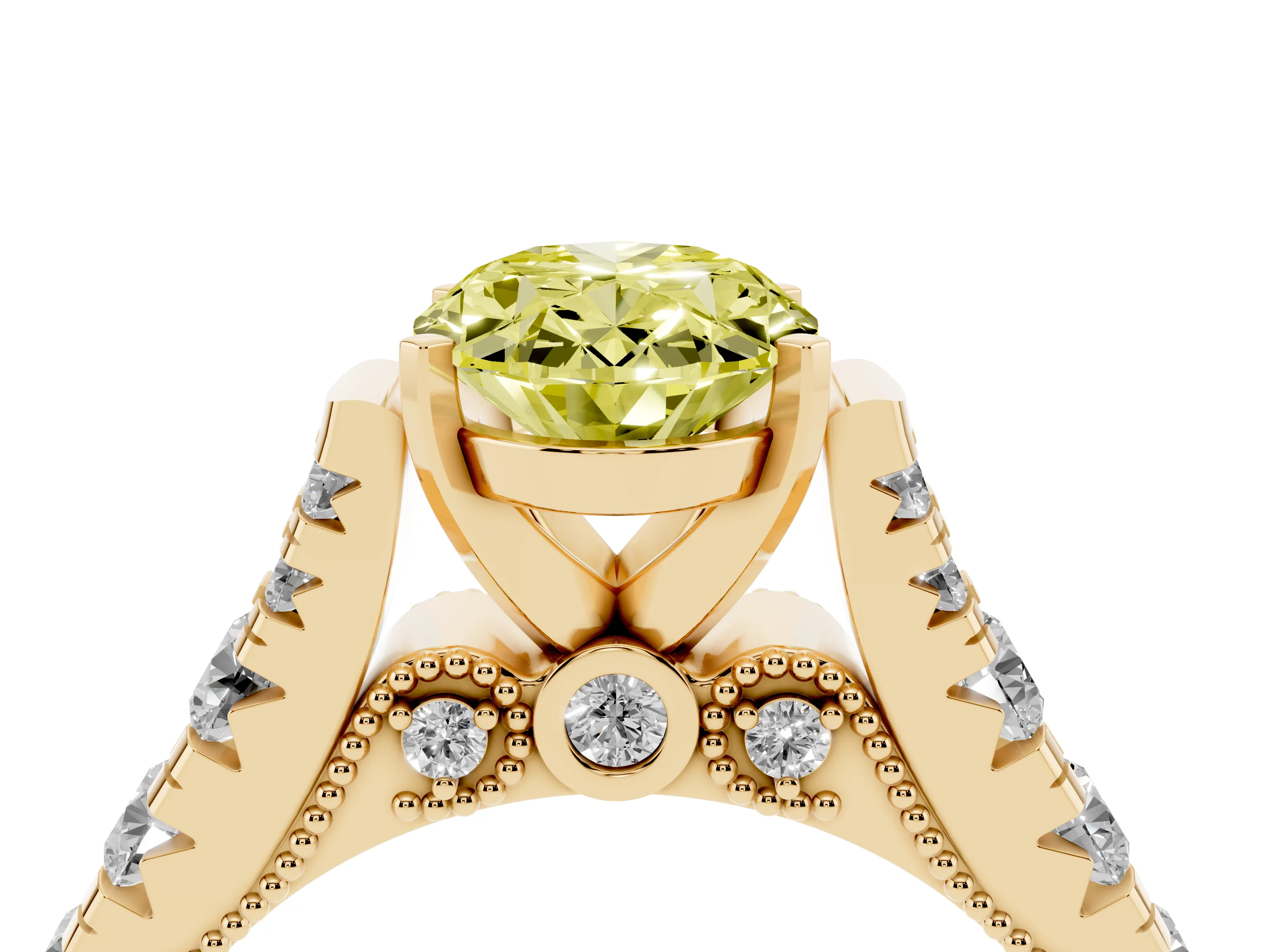 Fancy Yellow Oval Cut Diamond Classic Solitaire Ring Set in Yellow gold with Pavé Band and Prong Setting