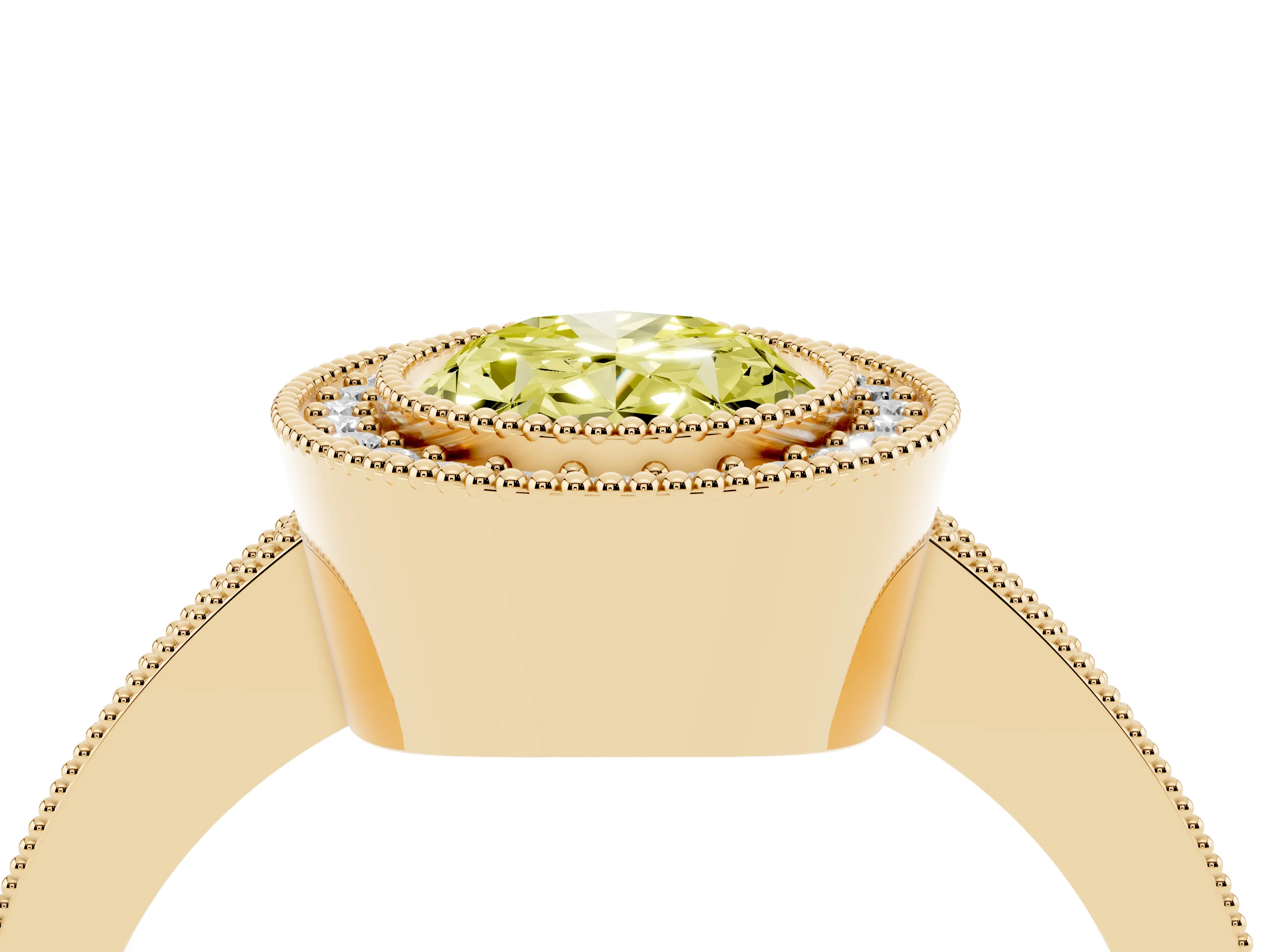 Fancy Yellow Oval Cut Diamond Halo Engagement Ring Set in Yellow gold with Pavé Band and Round Halo Stones