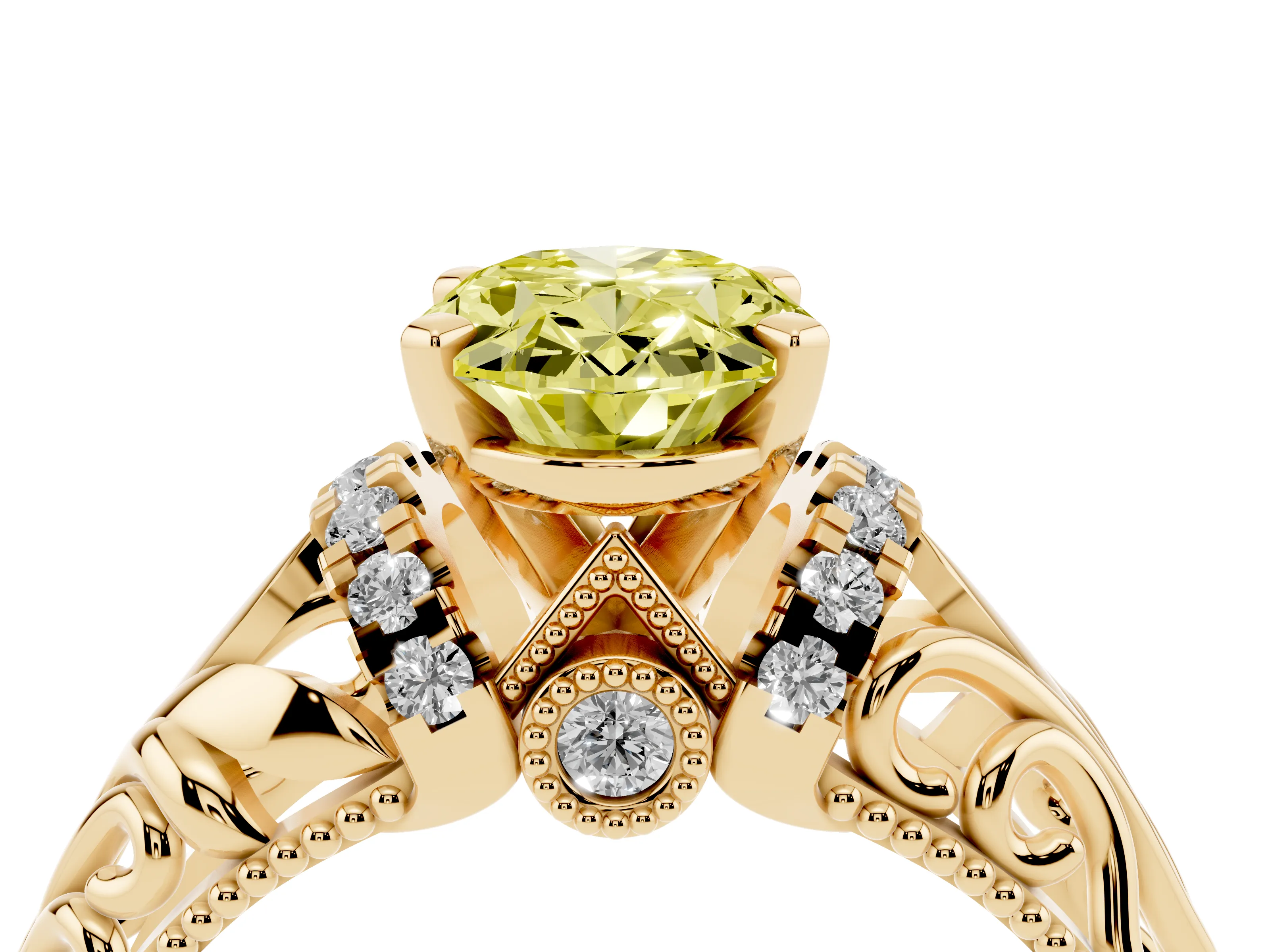Fancy Yellow Oval Cut Diamond Filigree Halo Engagement Ring Set in Yellow gold with Prong Setting