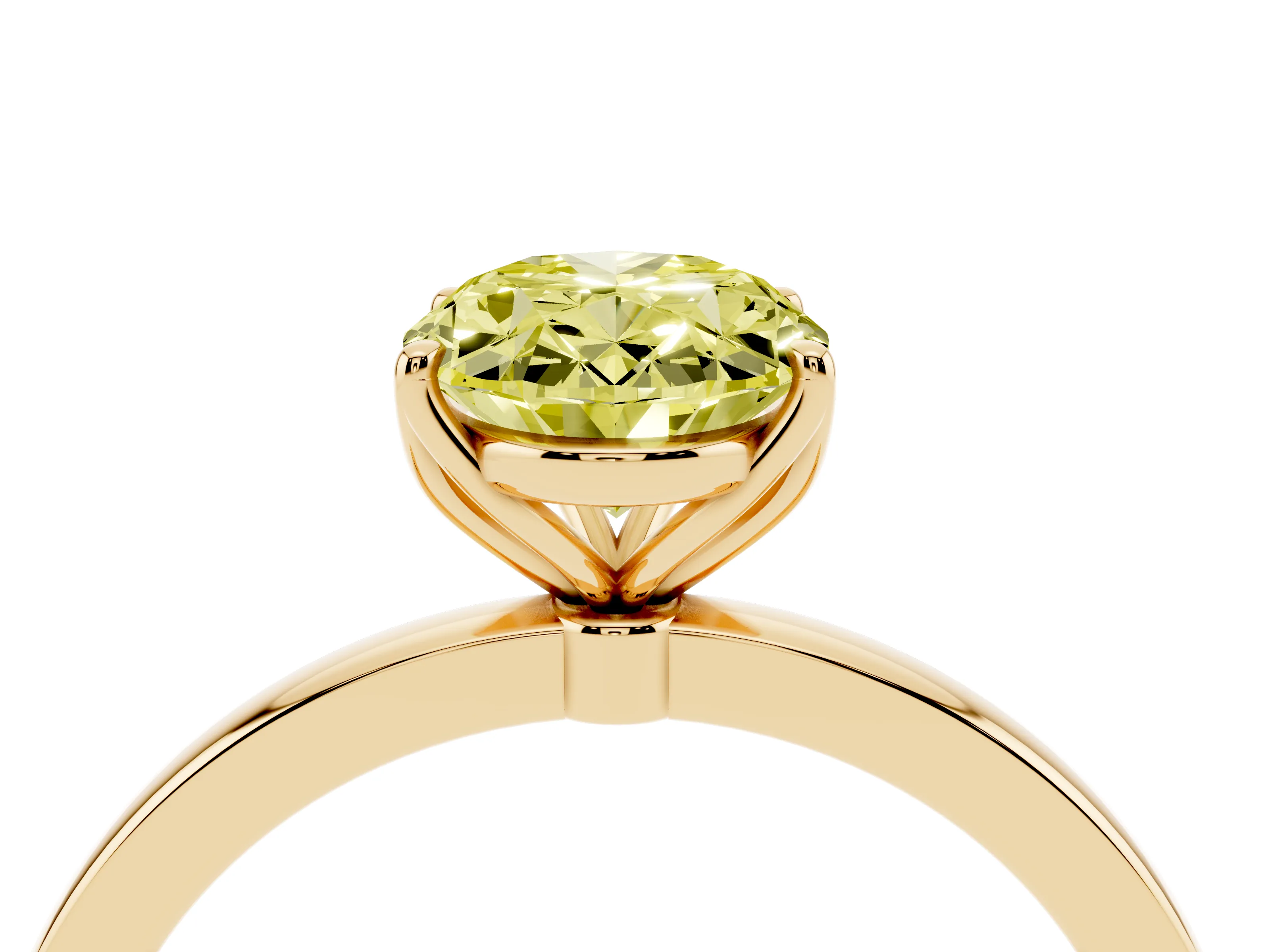 Fancy Yellow Oval Cut Diamond Solitaire Ring Set in Yellow gold with Prong Setting and Thin Polished Band