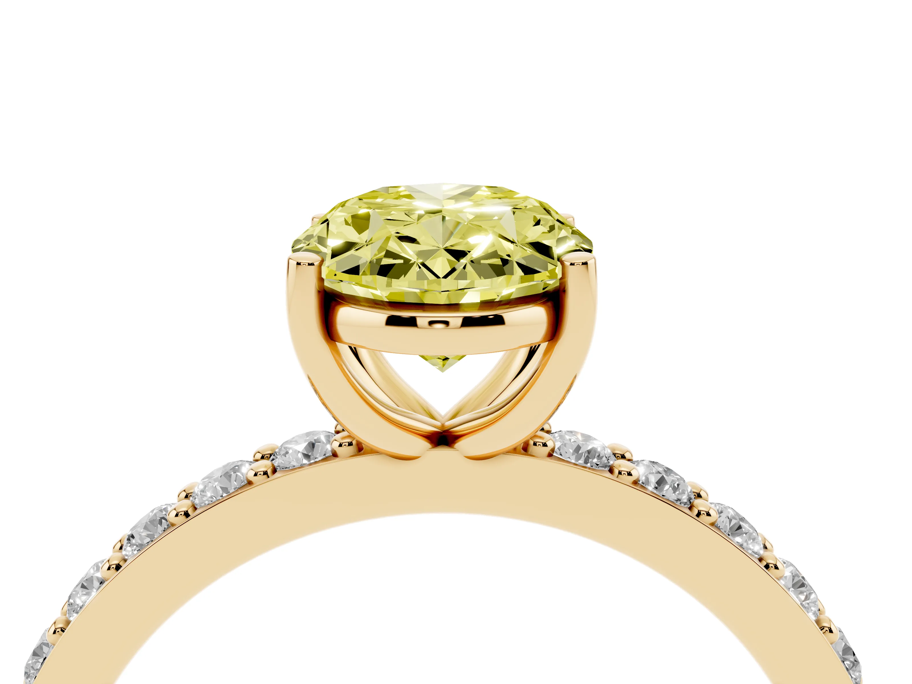 Fancy Yellow Oval Cut Diamond Solitaire Set in Yellow gold with Round Pavé Band and Prong Setting