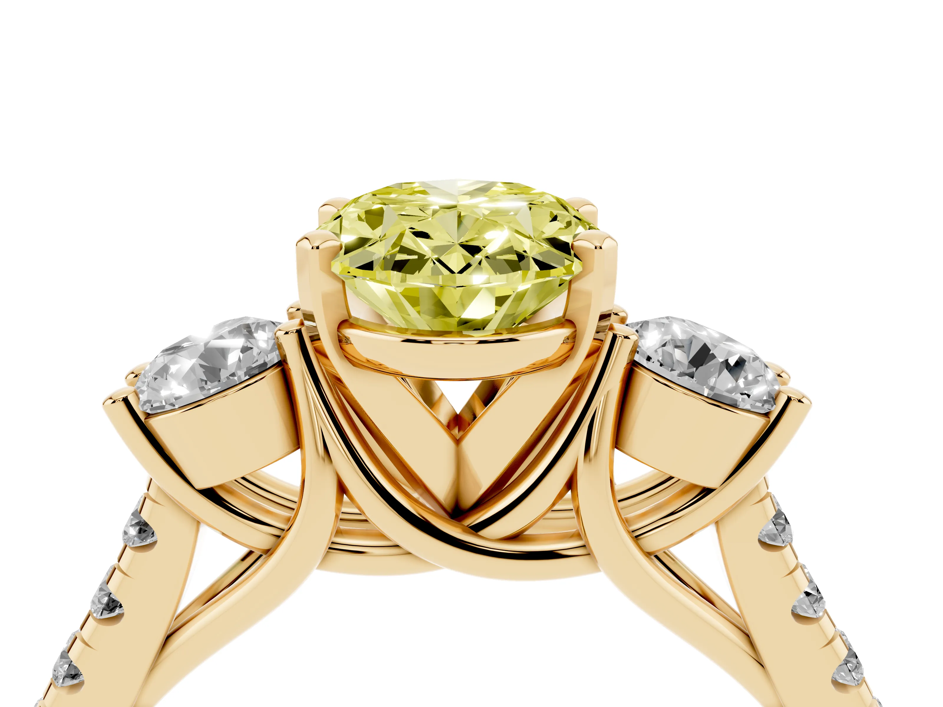 Fancy Yellow Three-Stone Oval Cut Diamond Pavé Band Ring Set in Yellow gold with Prong-Set Trio