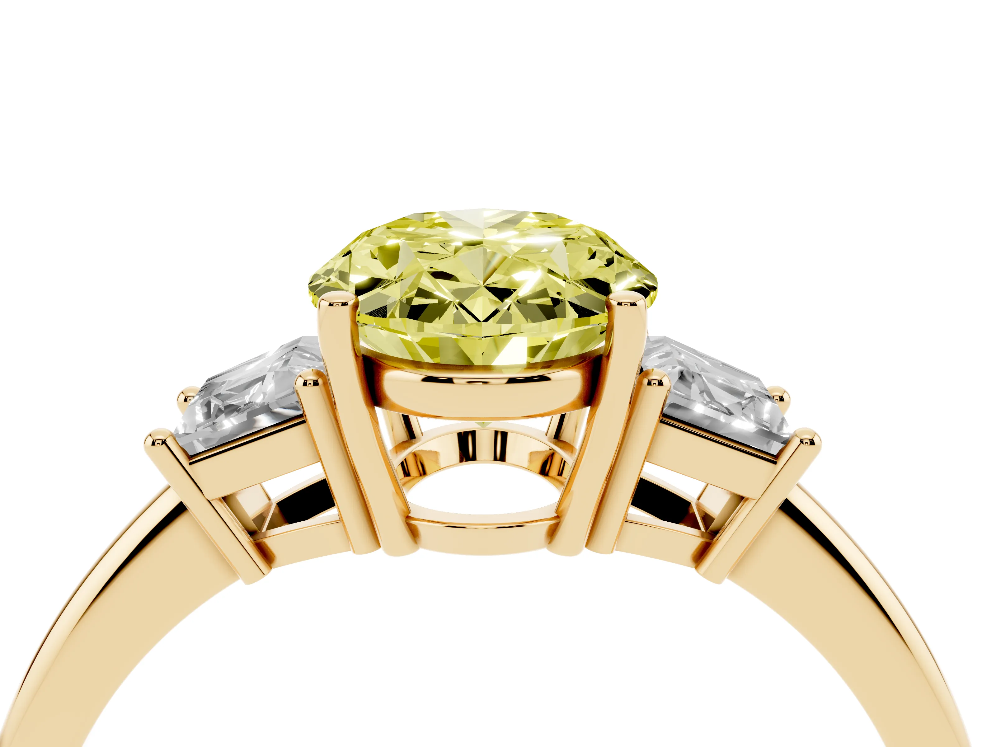 Fancy Yellow Oval Cut Diamond Three-Stone Ring Set in Yellow gold with Trapezoid Side Stones and Prong Setting