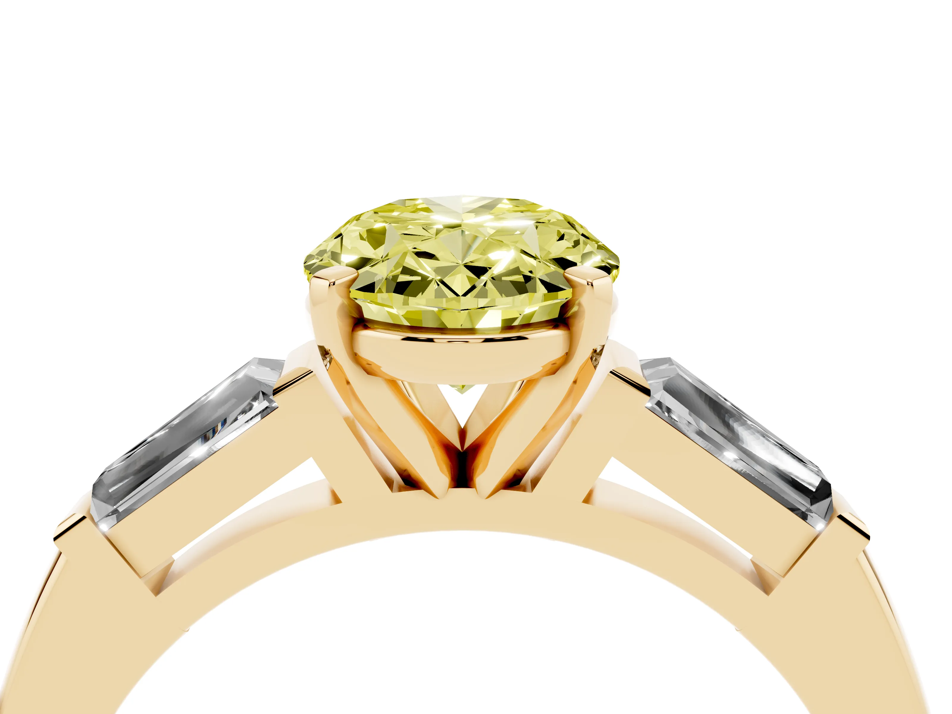 Fancy Yellow Oval Cut Diamond Solitaire Ring Set in Yellow gold with Tapered Baguette Side Stones and Prong Setting