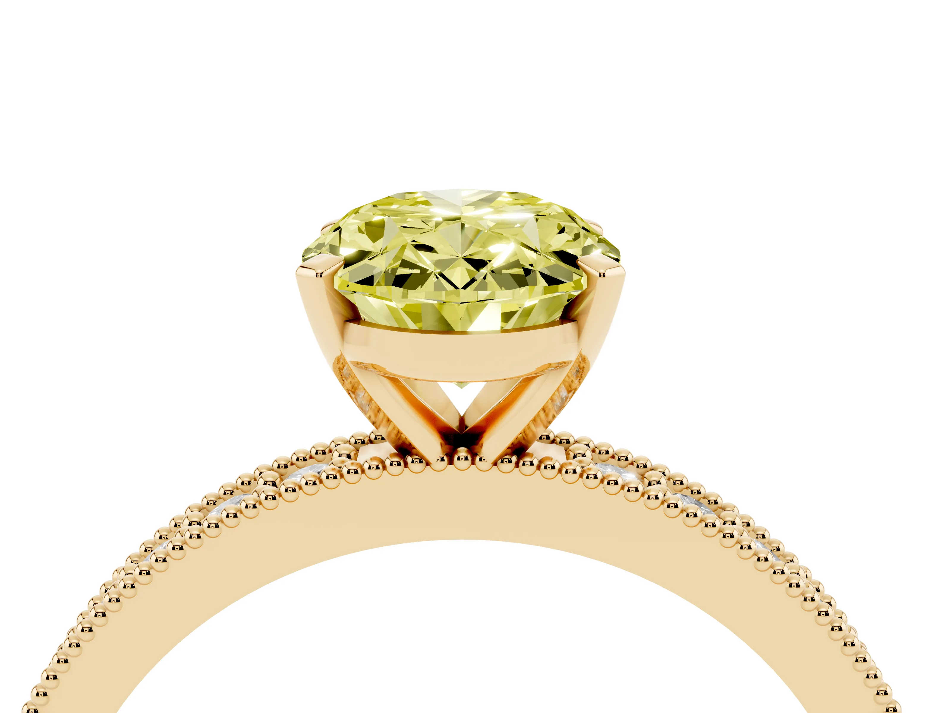 Fancy Yellow Oval Cut Diamond Milgrain Pavé Engagement Ring Set in Yellow gold with Prong Setting