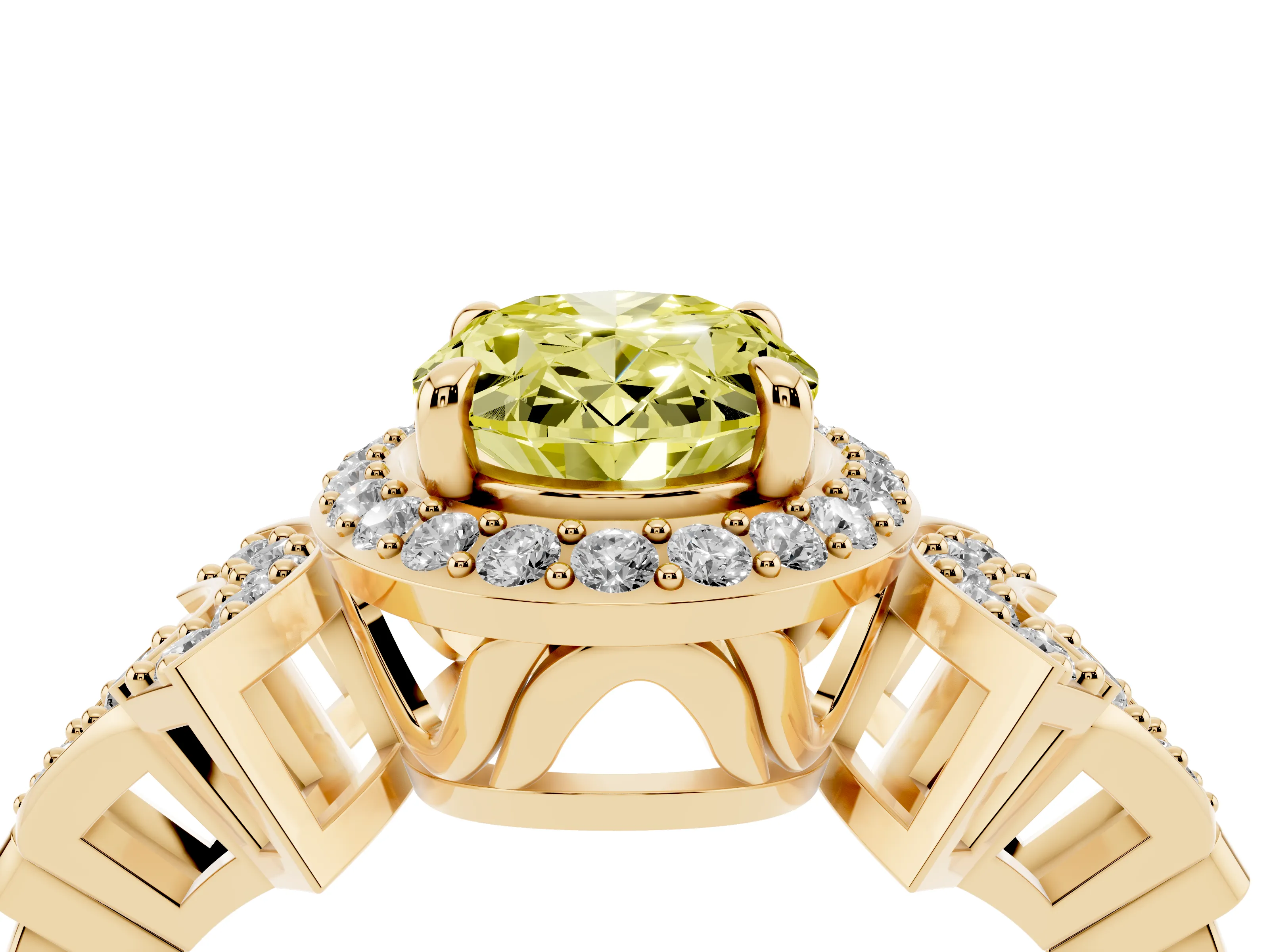 Fancy Yellow Oval Cut Diamond Halo Engagement Ring Set in Yellow gold with Accent Stone Split Shank