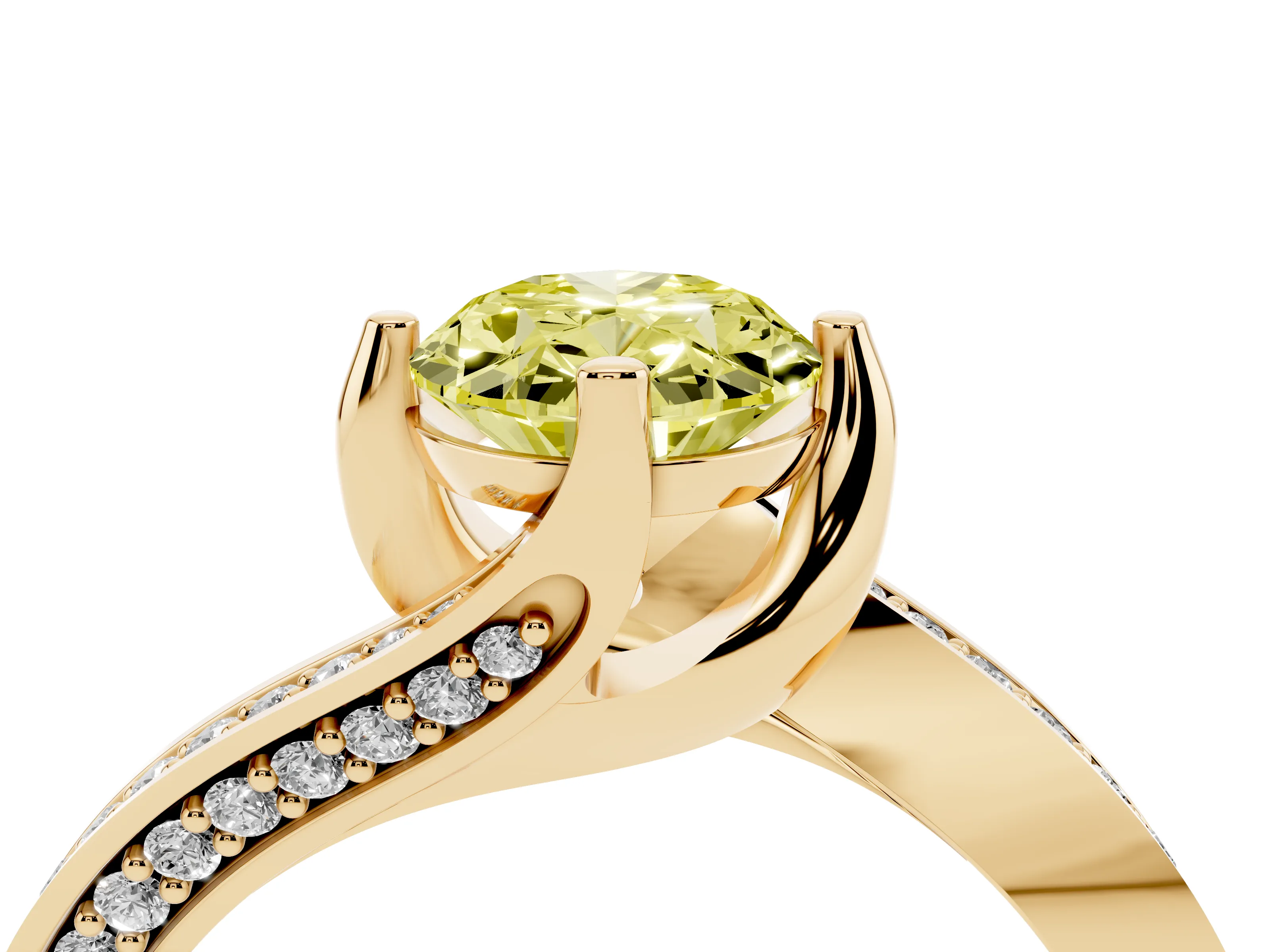 Fancy Yellow Oval Cut Diamond Solitaire Ring Set in Yellow gold with Intertwined Pavé Twist Band