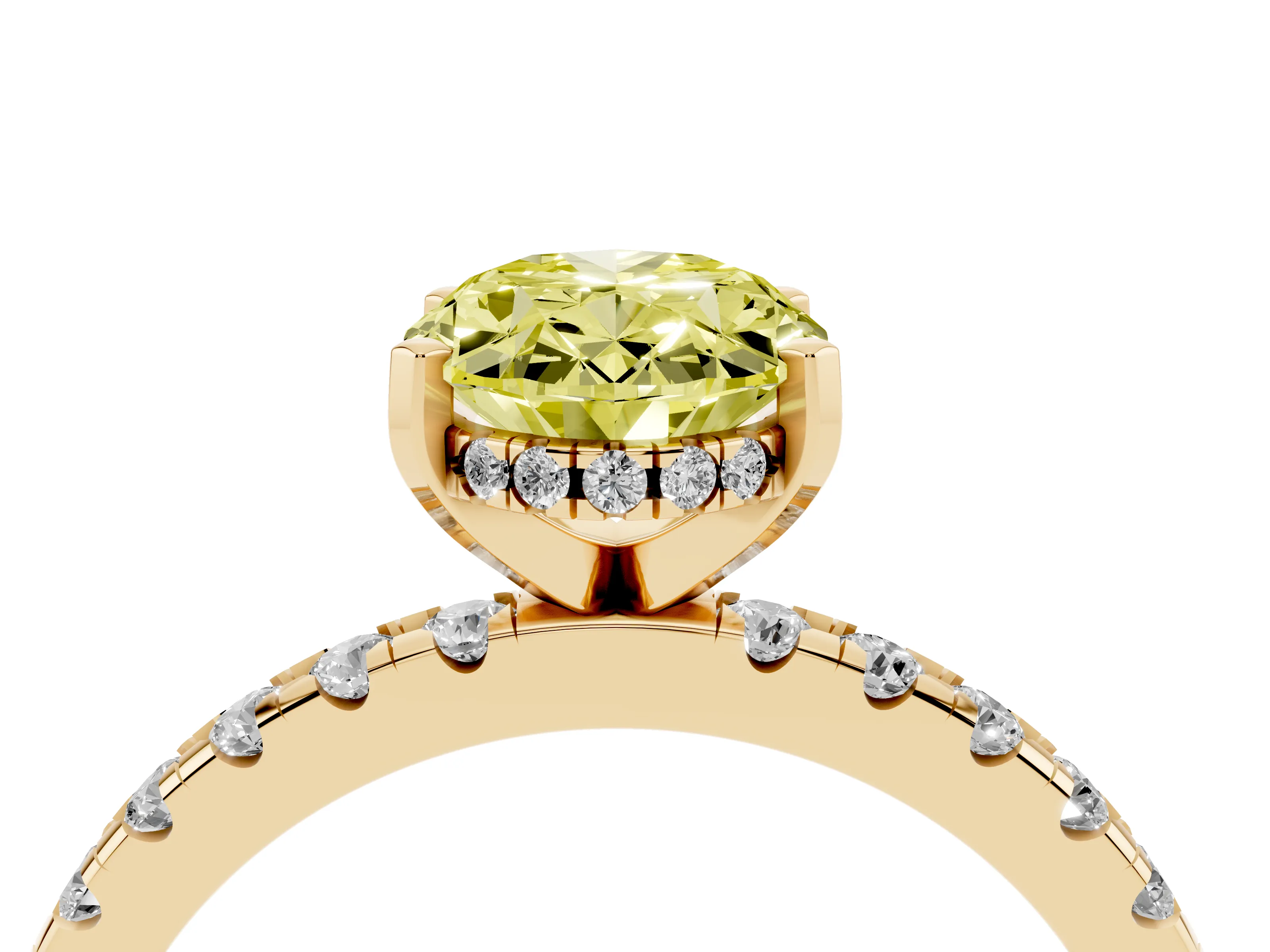 Fancy Yellow Oval Cut Diamond Pavé Solitaire Ring Set in Yellow gold with Round Band Accents and Prong Setting