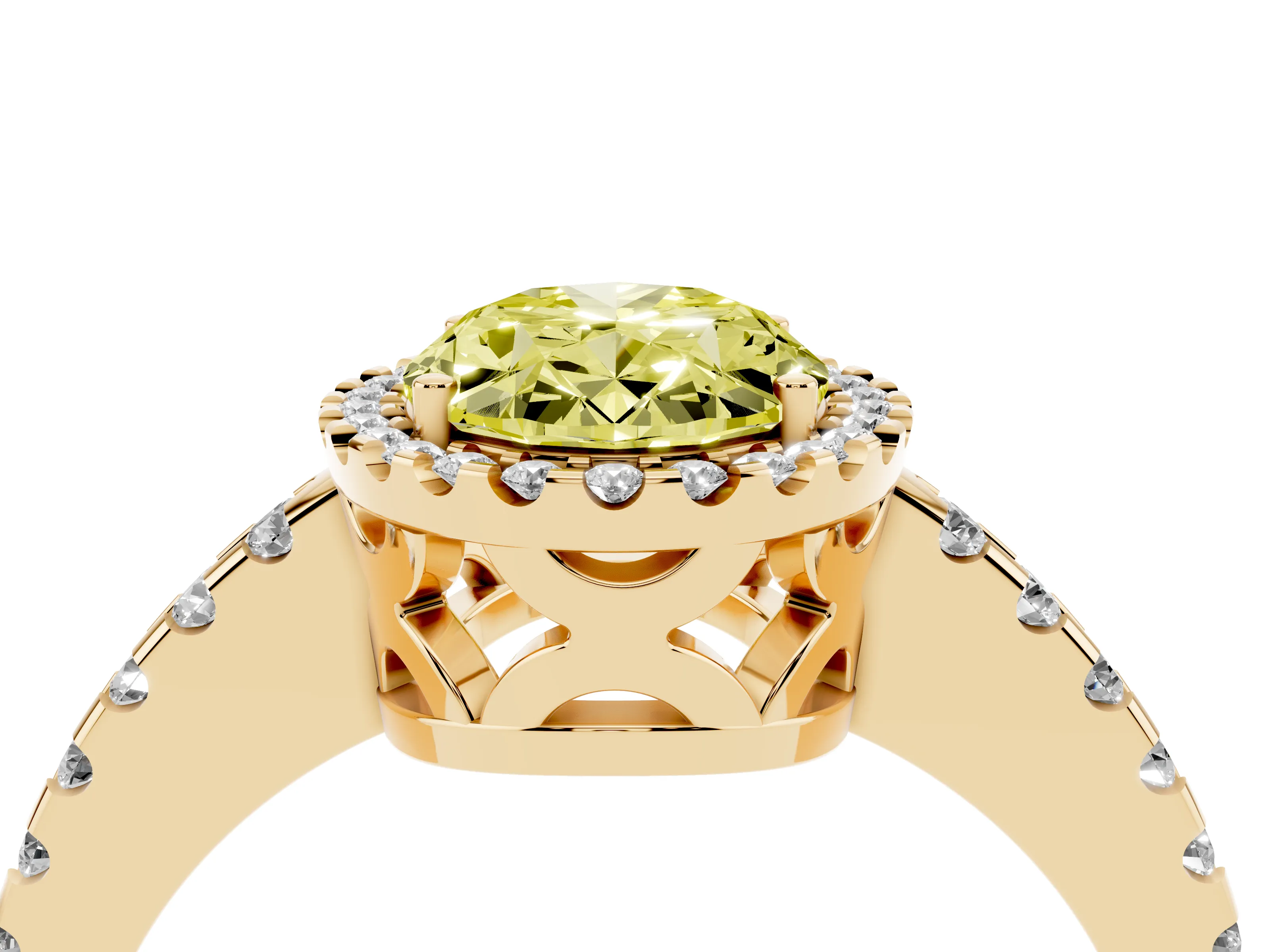 Fancy Yellow Oval Cut Diamond Halo Ring Set in Yellow gold with Pavé Shoulders and Halo-Framed Center