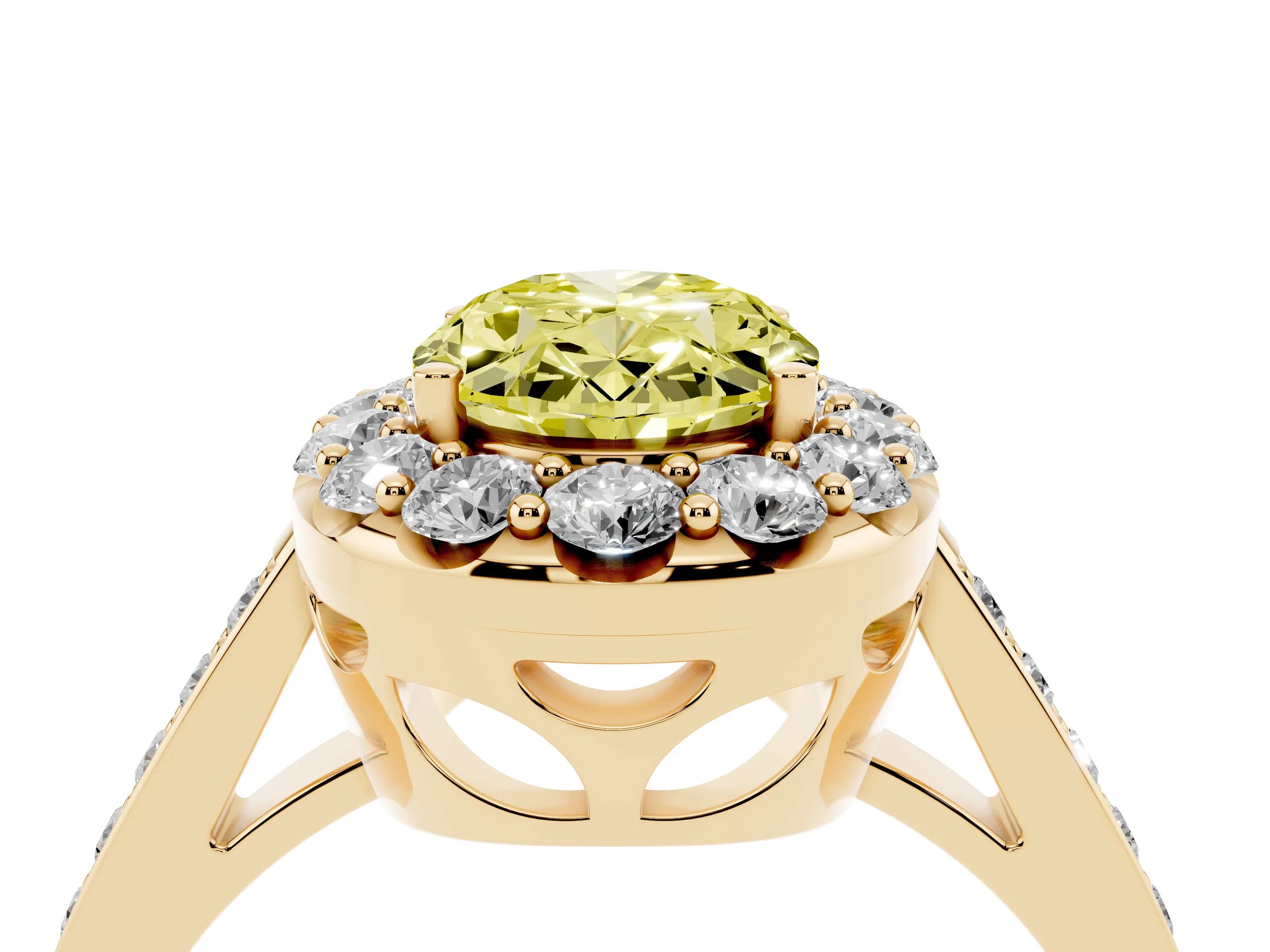 Fancy Yellow Oval Cut Diamond Floral Halo Ring Set in Yellow gold with Pavé Band and Prong Setting