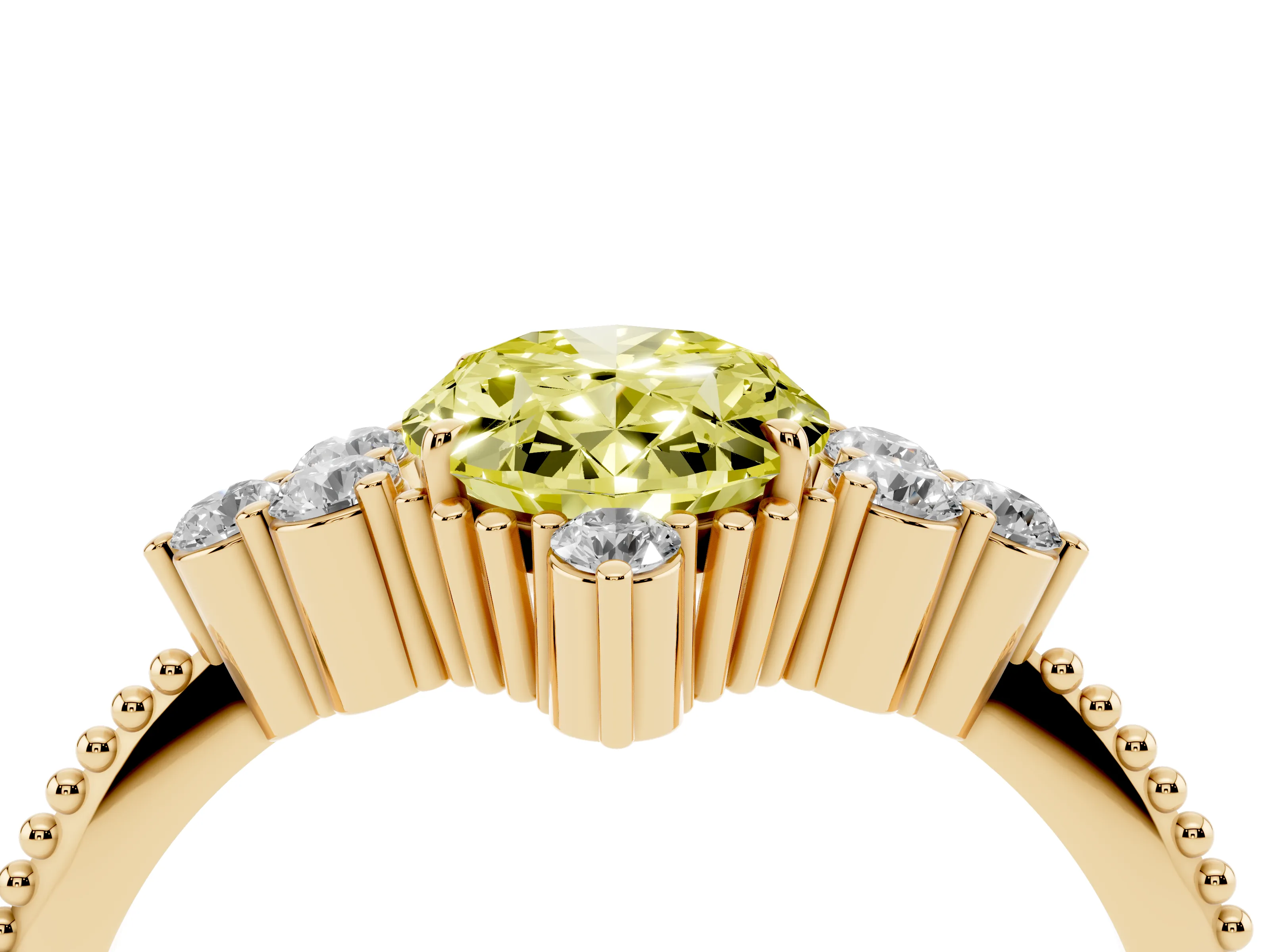 Fancy Yellow Oval Cut Diamond Cluster Ring Set in Yellow gold with Beaded Band