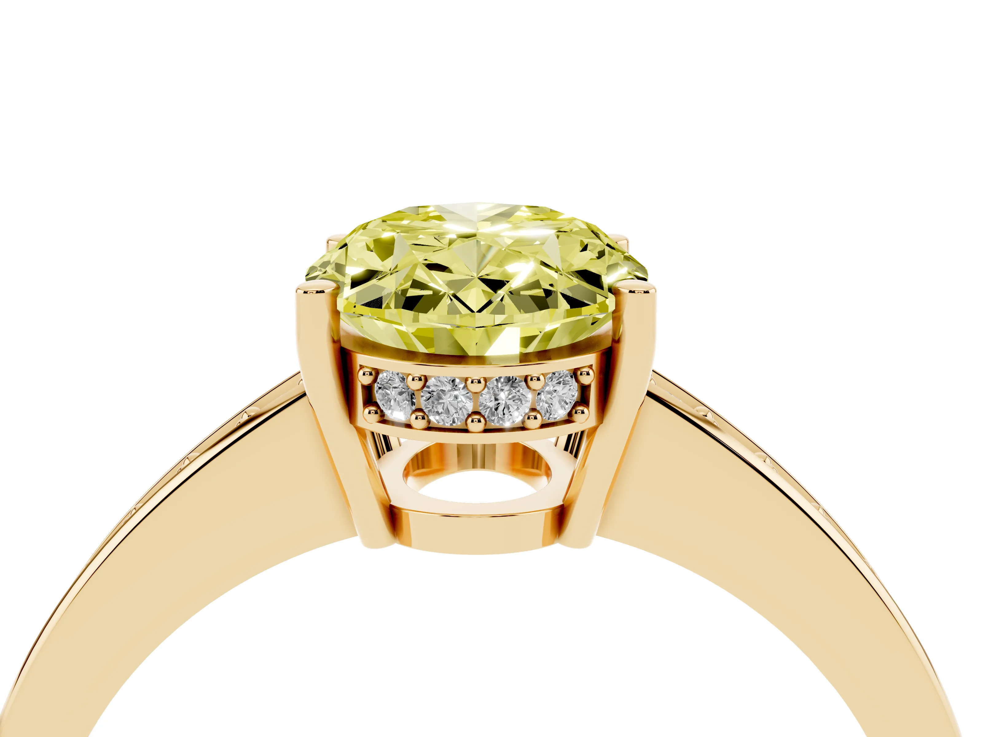 Fancy Yellow Oval Cut Diamond Pavé Band Prong Set Solitaire Ring Set in Yellow gold